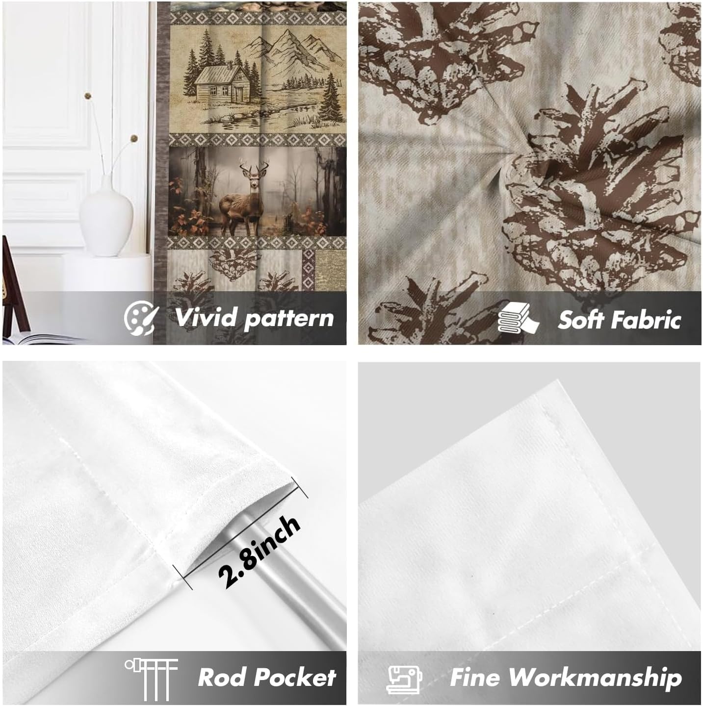 Rustic Farmhouse Kitchen Curtains Mini 27.5'' W x 39'' L Bear Deer Cabin Western Brown Country Style Antique Vintage Retro Woodland Short Small Cafe Room Window Drapes Treatment Tiers Fabric 1 Pair