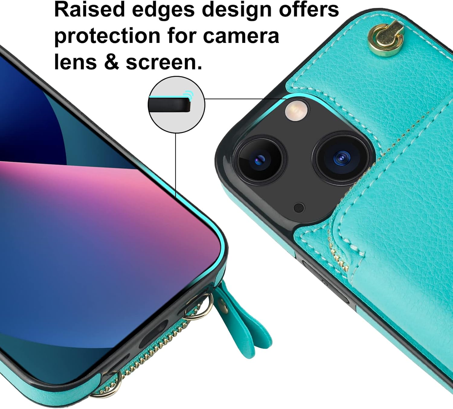 Bocasal Crossbody Wallet Case for iPhone 14/13, RFID Blocking Leather Purse Case with Card Holder, Protective Handbag Flip Cover with Zipper Wrist Strap Lanyard for Women 5G 6.1 Inch (Mint Green)