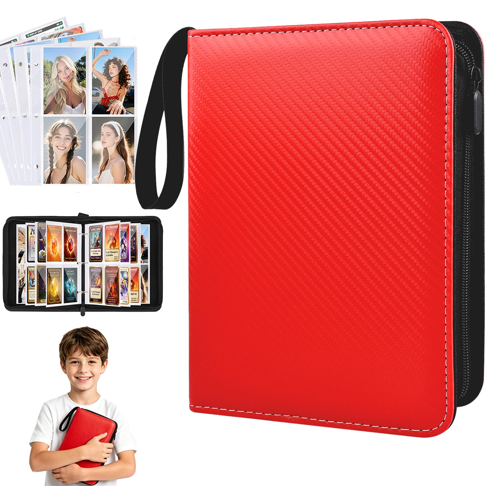 Trading Card Binder 400 Pockets - PU Leather Card Collection Folder Zip with Carry Strap, 4 Pocket Photocard Album Binder Top Loader Trading Card Folder for Games, Sports, TCG, MTG,Football Gifts