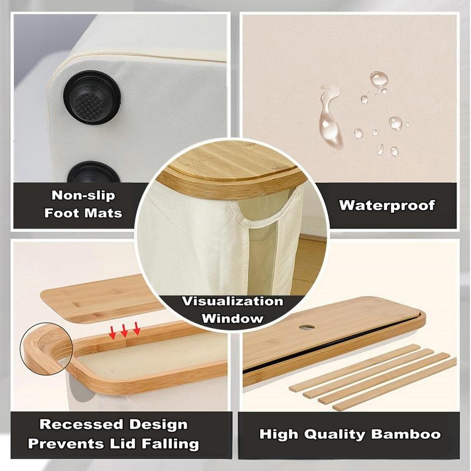 Cesta de almacenamiento de papel higiénico, organizador de papel higiénico con tapa de bambú para baño, soporte de papel higiénico independiente con ventana de visualización (negro)