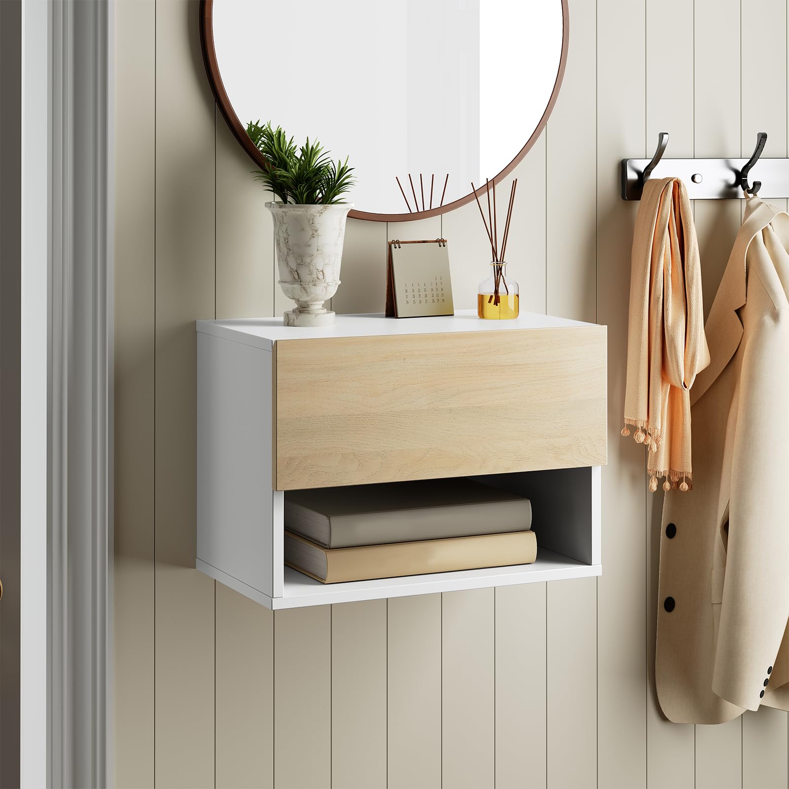 HOOBRO Mesita de Noche Flotante con Tira LED RGB, Mesa Auxiliar de Pared con 1 Cajón y 1 Compartimento, Mesa de Sofá, para Dormitorio, Sala de Estar, Blanco y Natural EWN202DBZ01