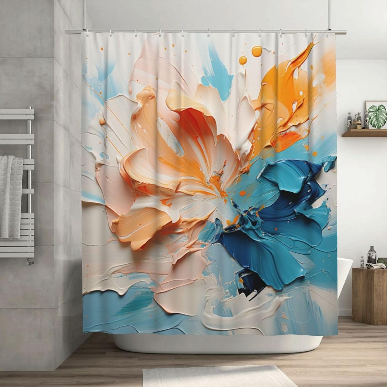 Oil Painting Abstract Shower Curtain for Bathroom, Blue Yellow White Brown Boho Shower Curtain Set, Luxury Fabric Modern Waterproof Bathroom Decor with 12 Hooks 72x72in YLATY10626