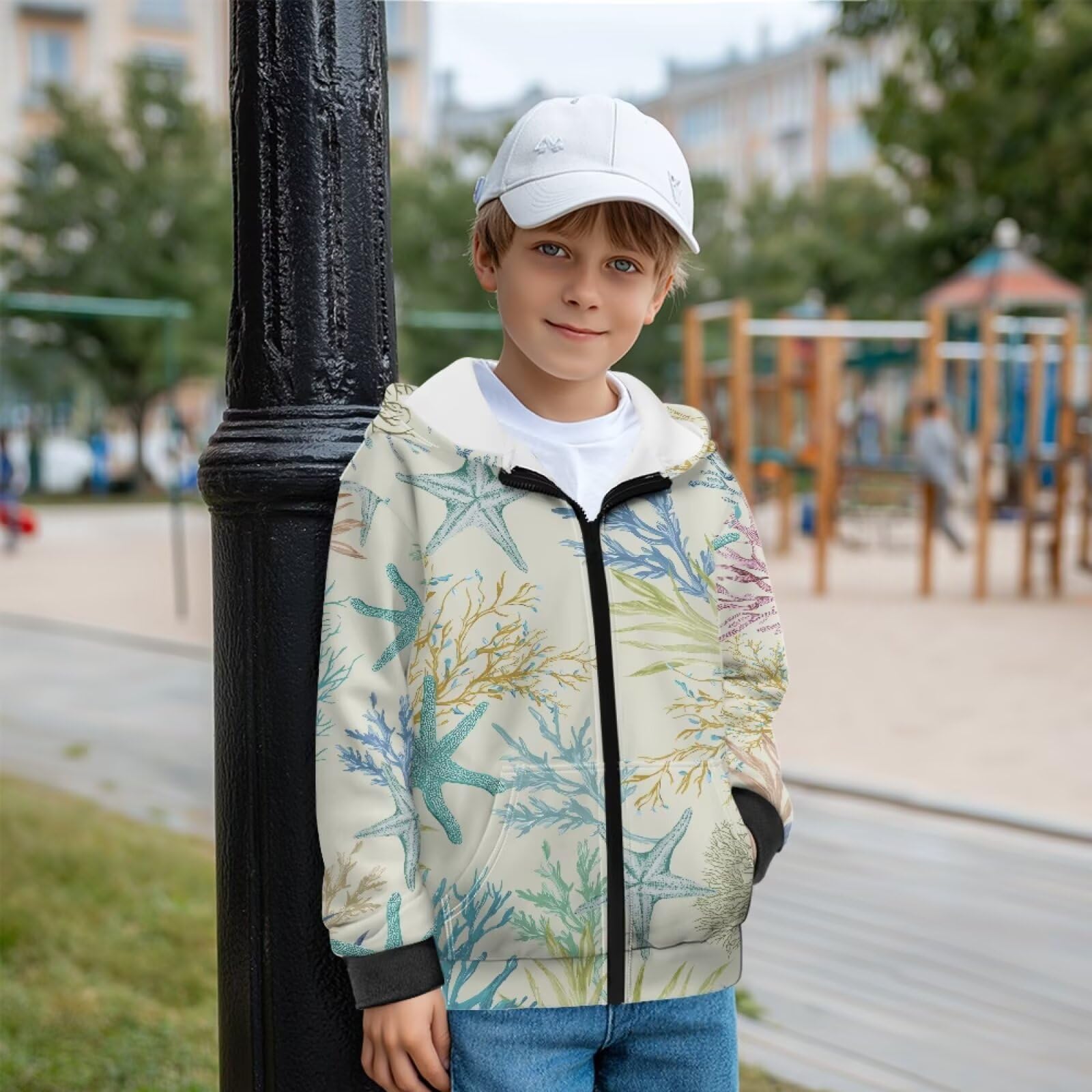 Retro koral rozgwiazda nadruk dzieci bluzy z kapturem z długim rękawem bluza kurtki z podszewką z polaru jesienne ubrania zimowe bluzy top dla chłopców dziewcząt, S