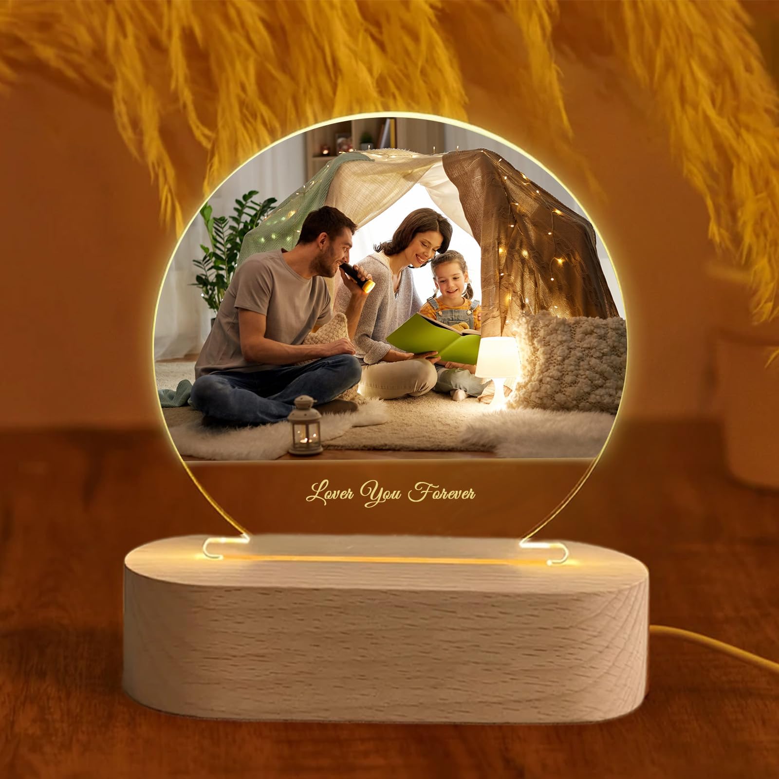 Personalized Night Light with Photo Text - Custom Acrylic Plaque Light Up Picture Frame,Personalized Photo Gifts for Valentines Day,Mother's Day,Birthday (01-Round)