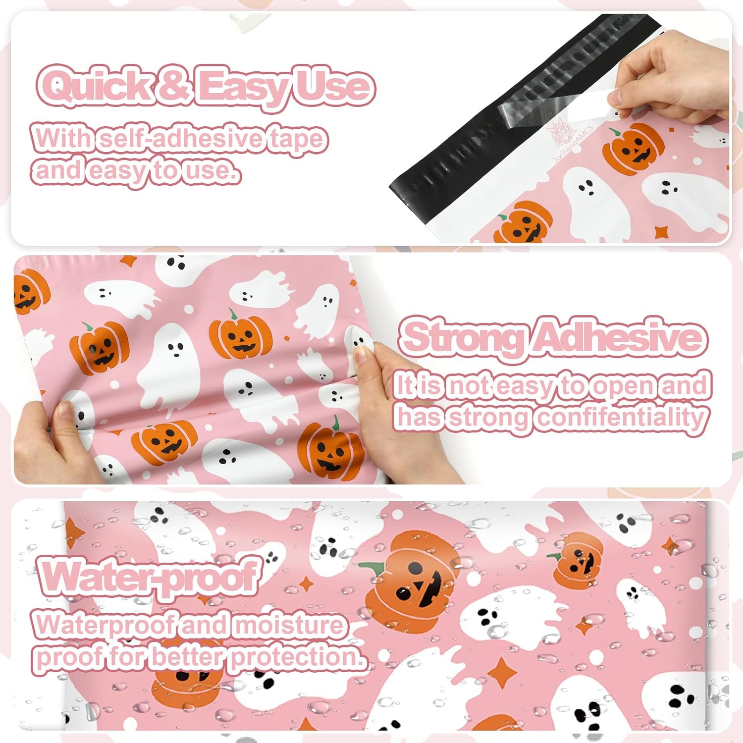 JarThenaAMCS 100Pcs Halloween Poly Mailers 14.5 x 19 Inch Pink Ghost Pumpkin Packaging Bags Large Self Seal Mailing Envelope Bags for Small Business Clothing Gift