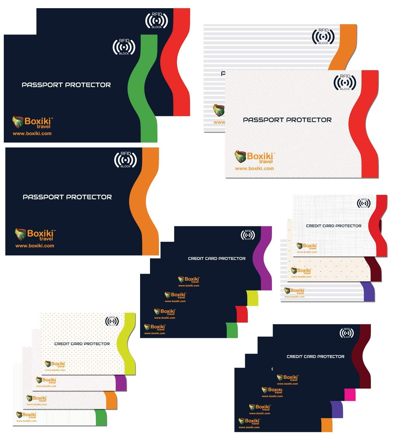 Boxiki Travel RFID Blocking Sleeves, 20-Pack Set, Color Coding System, Identity Theft Prevention RFID Card Holder And Credit Card Protector (15 Credit Card Sleeves + 5 Passport Holders)