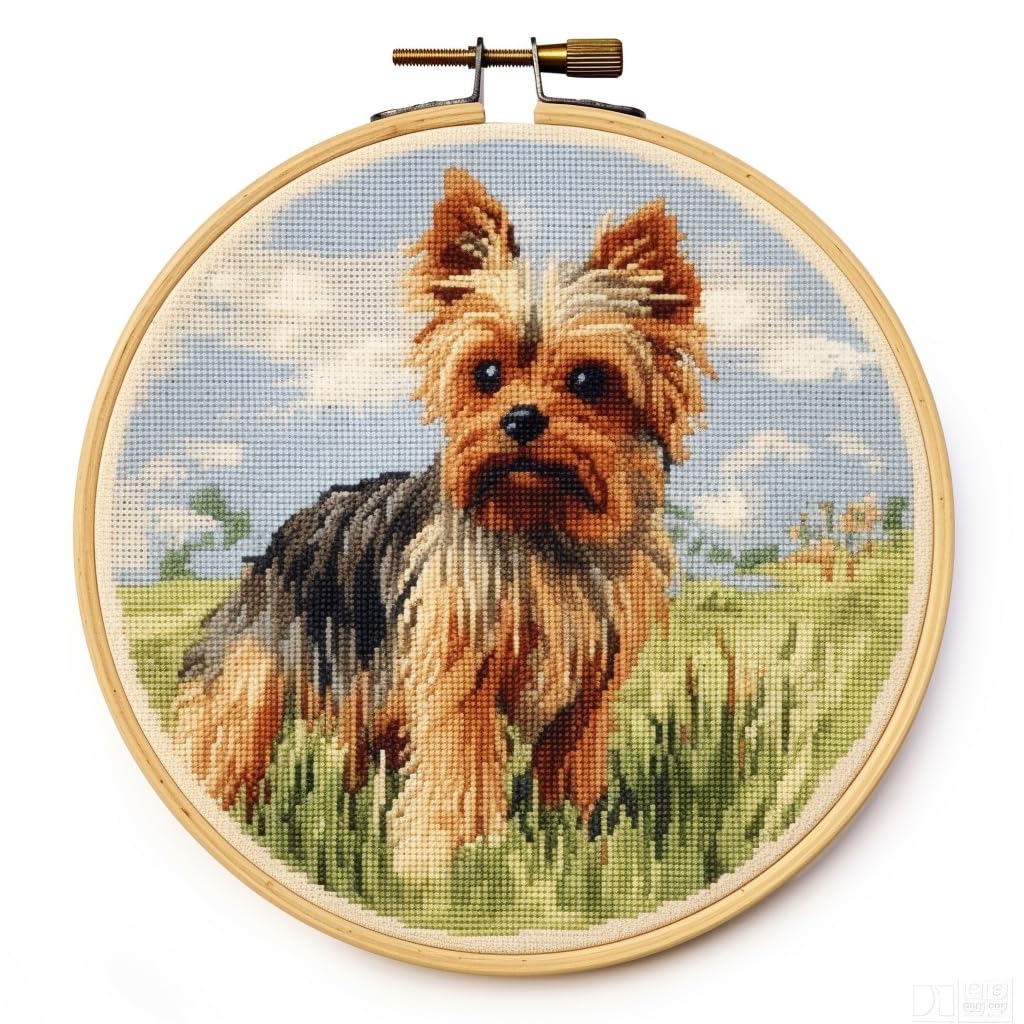 Yorkshire Terrier Stamped Cross Stitch Kits for Beginners Easy with Hoop 11CT Needlepoint Embroidery DIY Counted Cross Stitch Kits Art Craft Wall Decor 40x40cm(2)