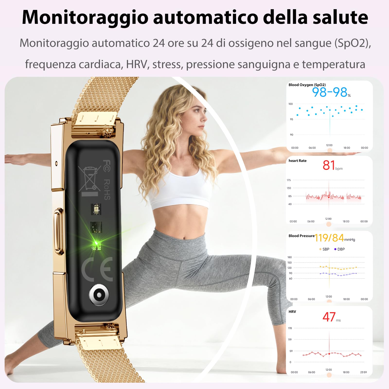 Braccialetto Fitness Per Donna, Smart Bracelet Fitness Tracker con HRV/Pressione Sanguigna/Cardiofrequenzimetro/SPO₂/ Sonno E 35 Modalità di Sport, IP68 IOS Android