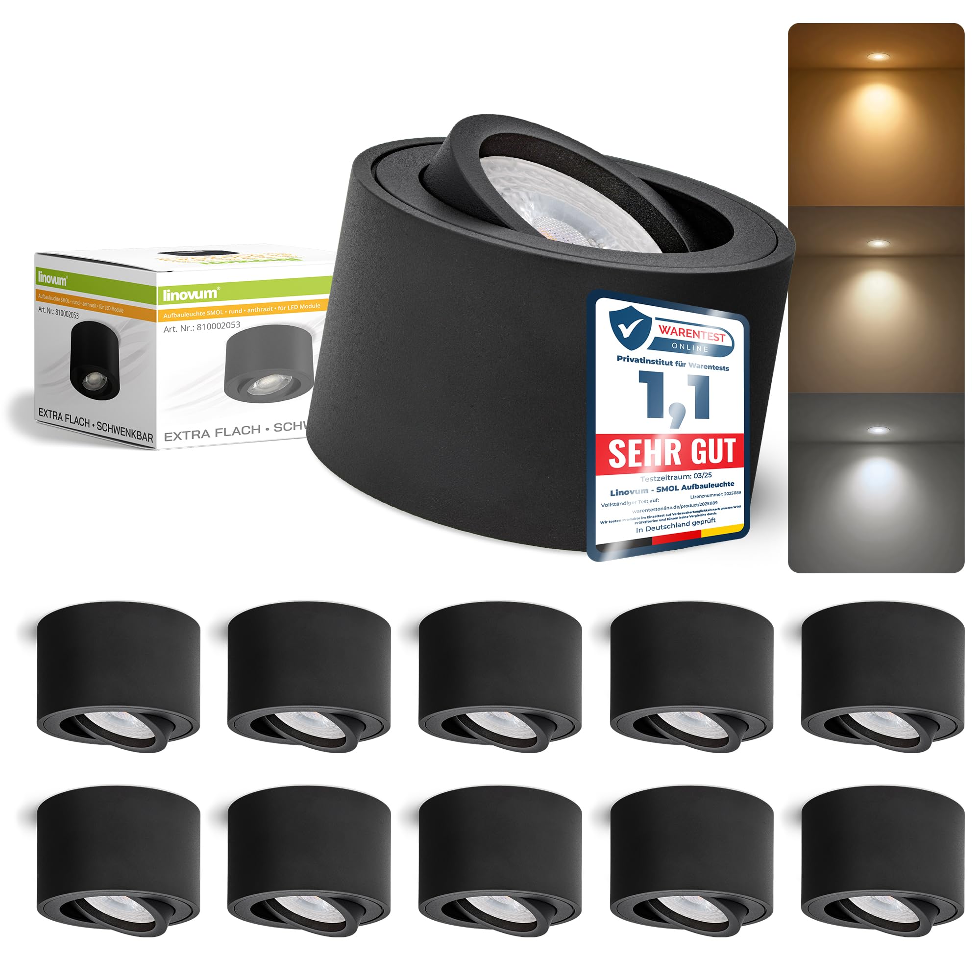 linovum SMOL Aufbauspot schwarz flach schwenkbar 4W 3 Lichtfarben LED