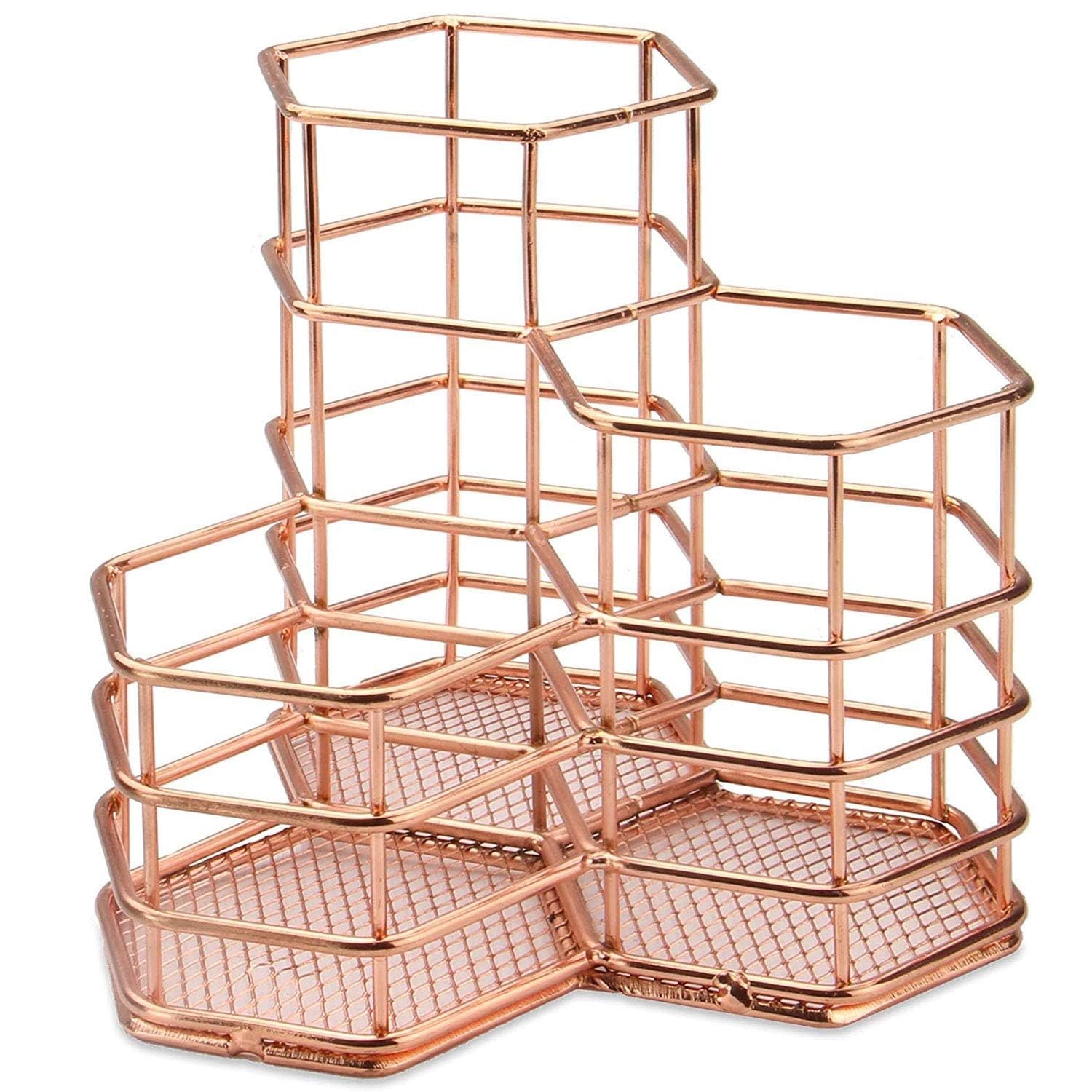 Metal Desk Organizer Pen Stand for Office Desk, Multipurpose Stationery Holder with 3 Compartments for Pens, Makeup Brushes & Accessories (Rose Gold)