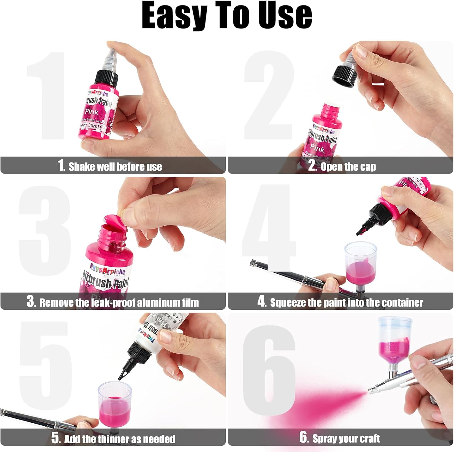 FansArriche Airbrush Paint, 48 Colors (30 ml /1 oz) with 4 Thinner & 2 Primer, Ready to Spray Water-Based Metallic & Neon & Iridescent Acrylic Airbrush Painting Set