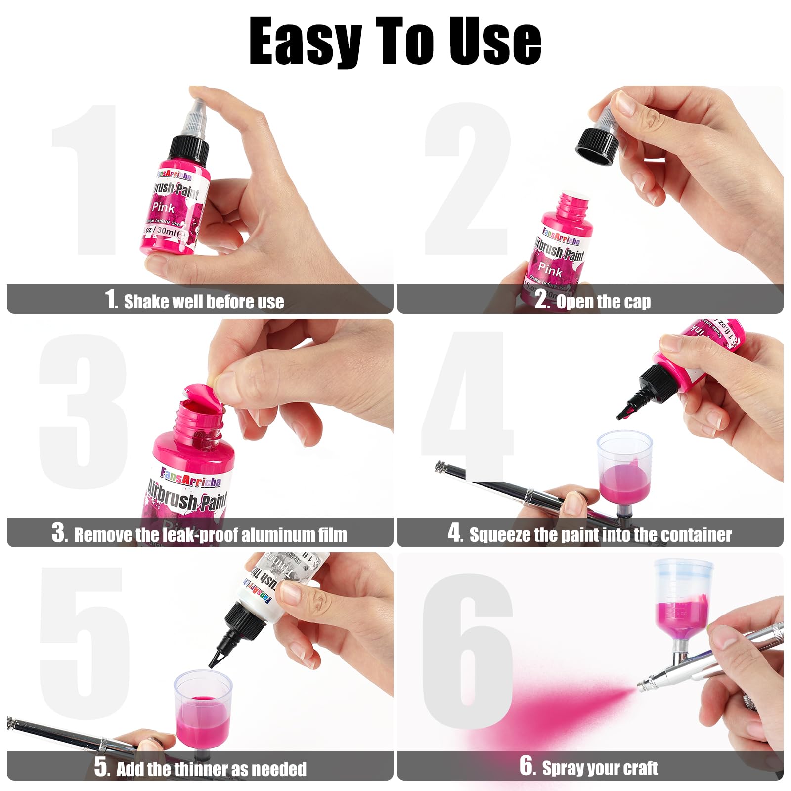 FansArriche Airbrush Farben, 48 Farben und 4 Verdünnern und 2 Grundierungen, 30 ml/Flasche, Wasserbasierte, Metallic, Neon und Iridescent-Acryl Airbrush Farben