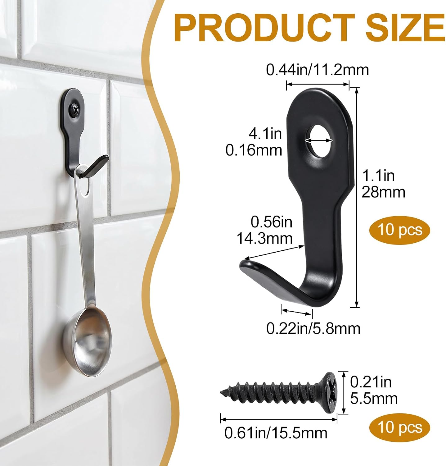 10 Sets Small Black J Hooks, Stainless Steel Single Hole Utility Hooks with Screws, Wall Mounted Hanger Hook for Hanging Keys Towels Bags Clothes Home Storage