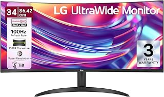 LG 34WR50QK 86.42 cm (34 Inch) 21:9 UltraWide WQHD (3440x1440) Curved Monitor(1800R), sRGB 99% (Typ.), HDR10, Anti-Glare, 3-Side Virtually Borderless, HDMI X 2, DP, HP Out, Tilt Adjustable,PBP, Black