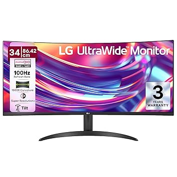 LG 34WR50QK 86.42 cm (34 Inch) 21:9 UltraWide WQHD (3440x1440) Curved Monitor(1800R), sRGB 99% (Typ.), HDR10, Anti-Glare, 3-Side Virtually Borderless, HDMI X 2, DP, HP Out, Tilt Adjustable,PBP, Black