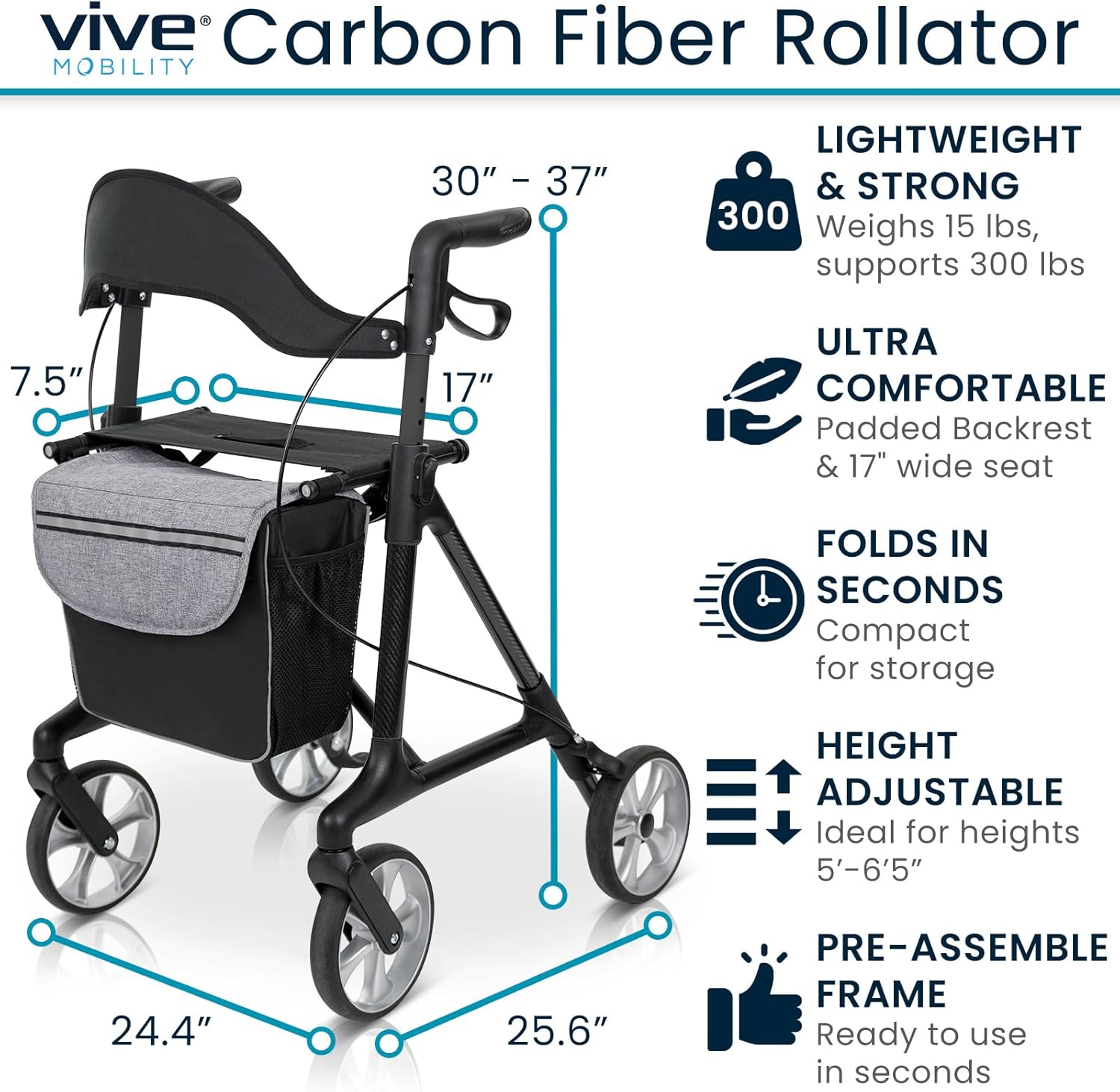 Vive Lightweight Rollator Walker with Seat - Carbon Fiber Frame for Seniors - Stand up Folding Mobility Aid - Height Adjustable, Brakes, Armrest & Storage Bag Accessory - Arrives Pre-Assembled