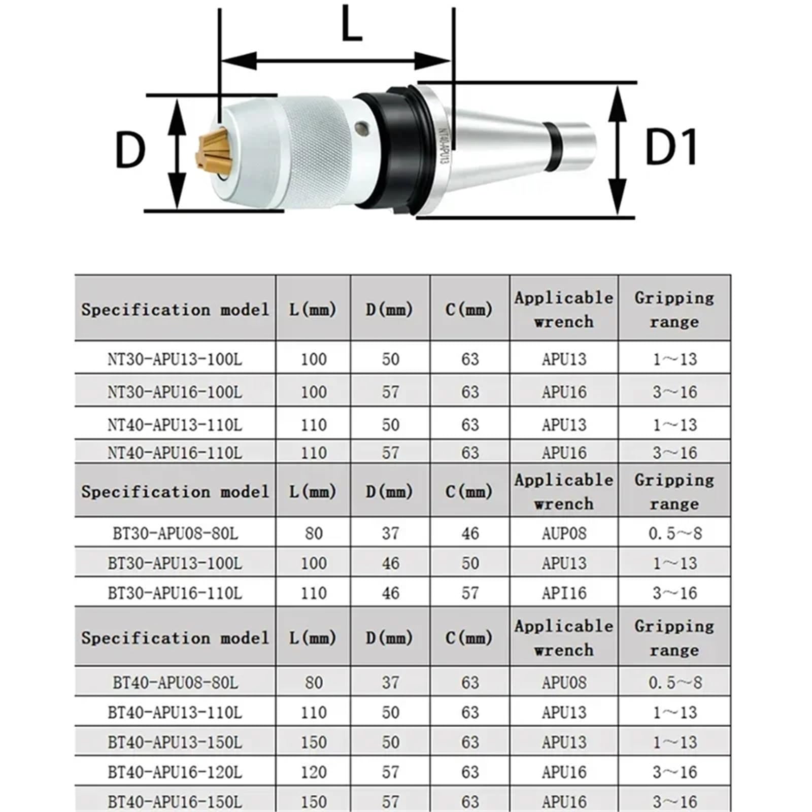 Portautensili NT30 NT40 APU08 APU13 Serie NT Apu Portautensili Per Tornio Autoserrante Integrato CNC Mandrino Per Trapano Pinza(B,NT30-APU13(1-13mm))