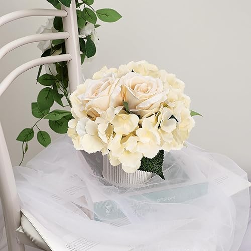 Miniatura 6 de Centros de mesa de flores, juego de 6 arreglos florales, hortensias artificiales de boda, arreglo floral con jarrón de metal rústico para decoración