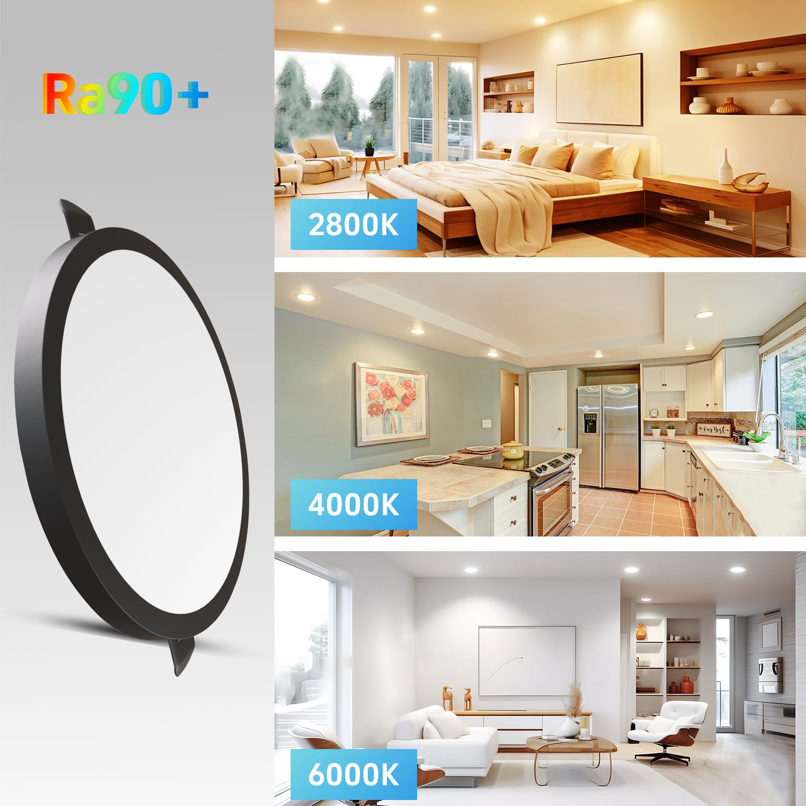 LVL Faretto da incasso a LED, piatto, 230 V, 8 W, non dimmerabile, 3000 K/4000 K/6000 K, diametro foro 50-110 mm, per bagno, cucina (nero, 4 pezzi)