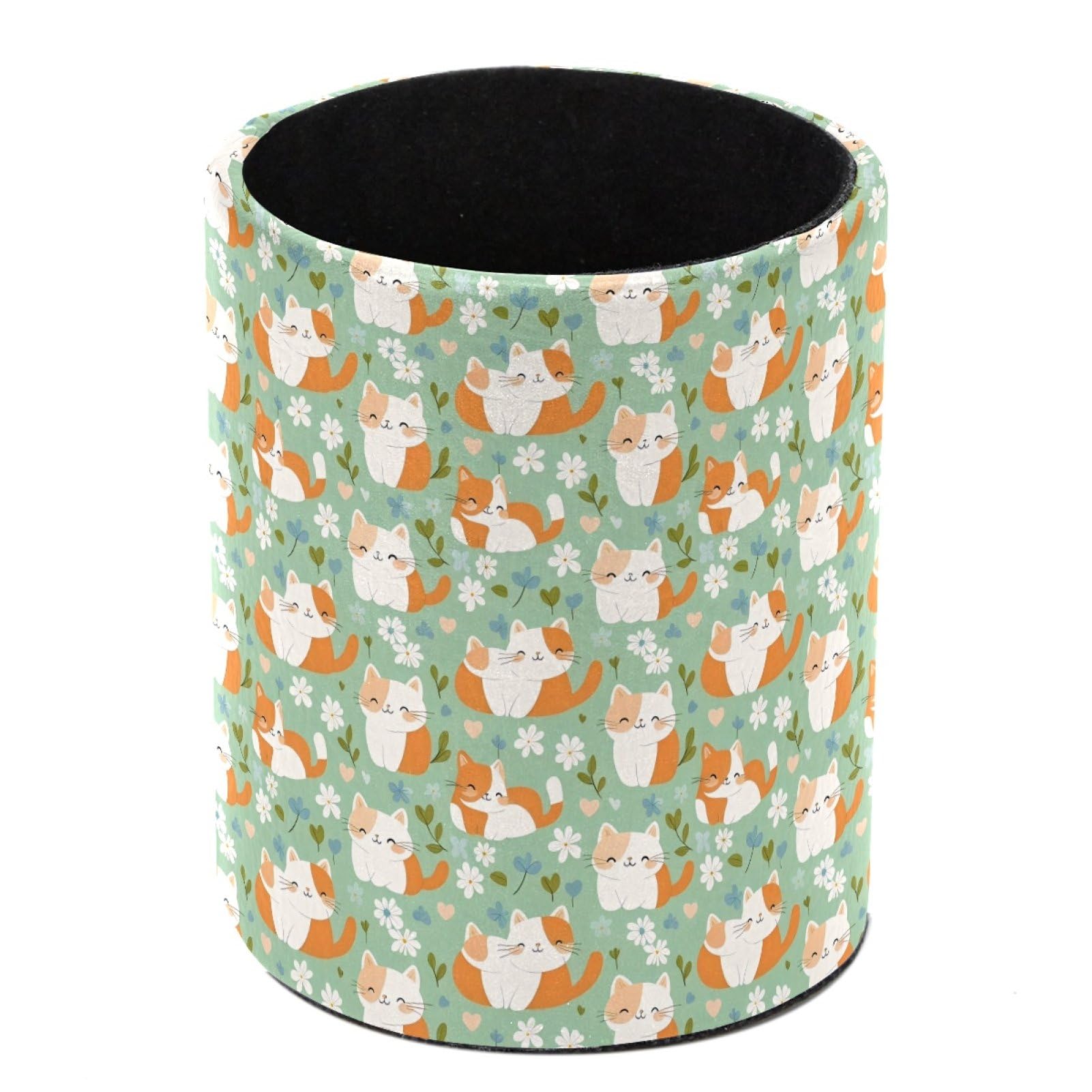 HEOEH Cats Daisy Pen Holder for Desk, PU Leather Pencil Holder Pen Cup Marker Holder Makeup Brush Holders, Desk Accessories & Workspace Organizers for Home, Office