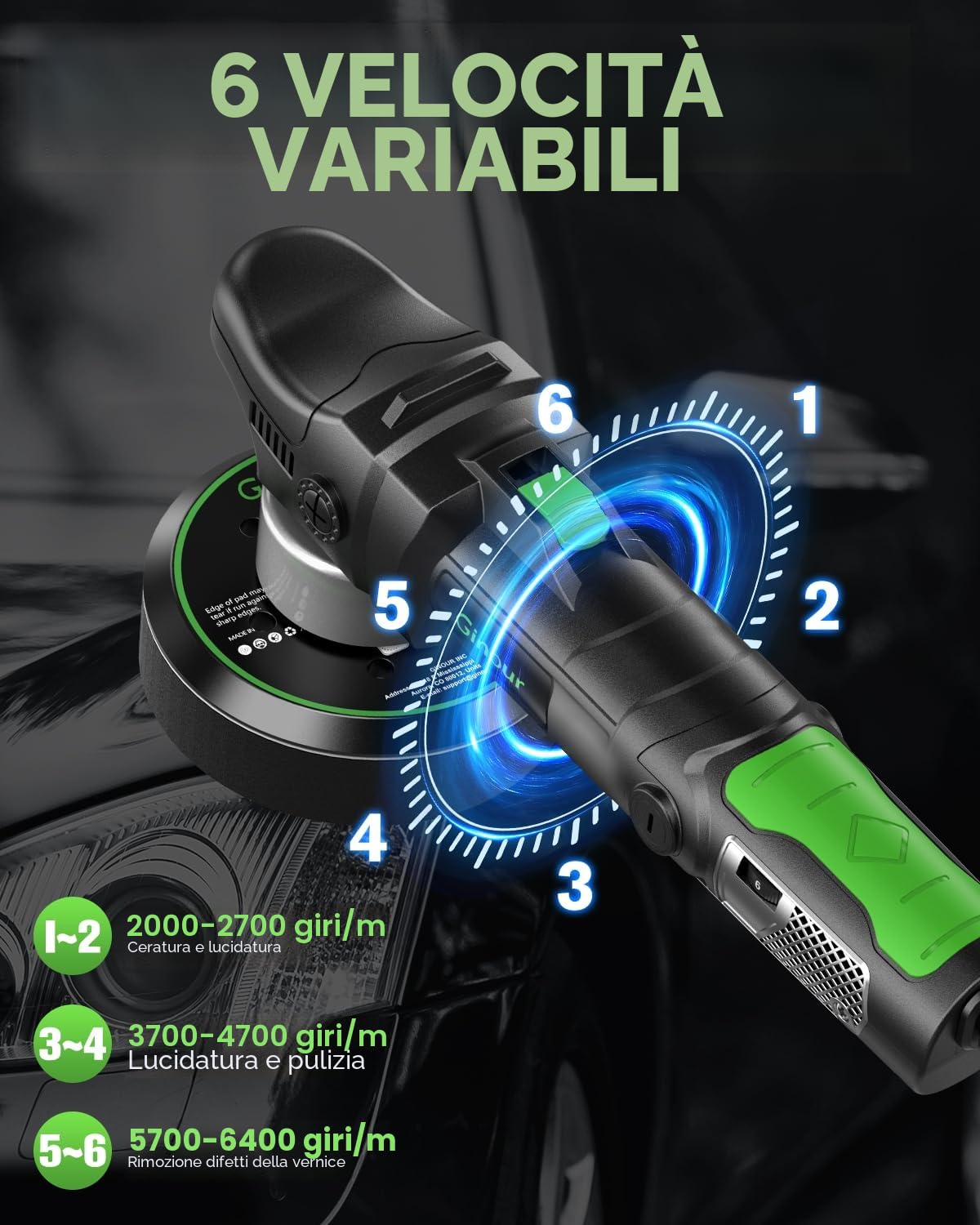 Ginour Lucidatrice Rotorbitale 1050W per auto, 6 velocità regolabili (2000-6400 OPM), lucidatrice auto con impugnatura a D e maniglia laterale, platorello da 150 mm / 6 pollici