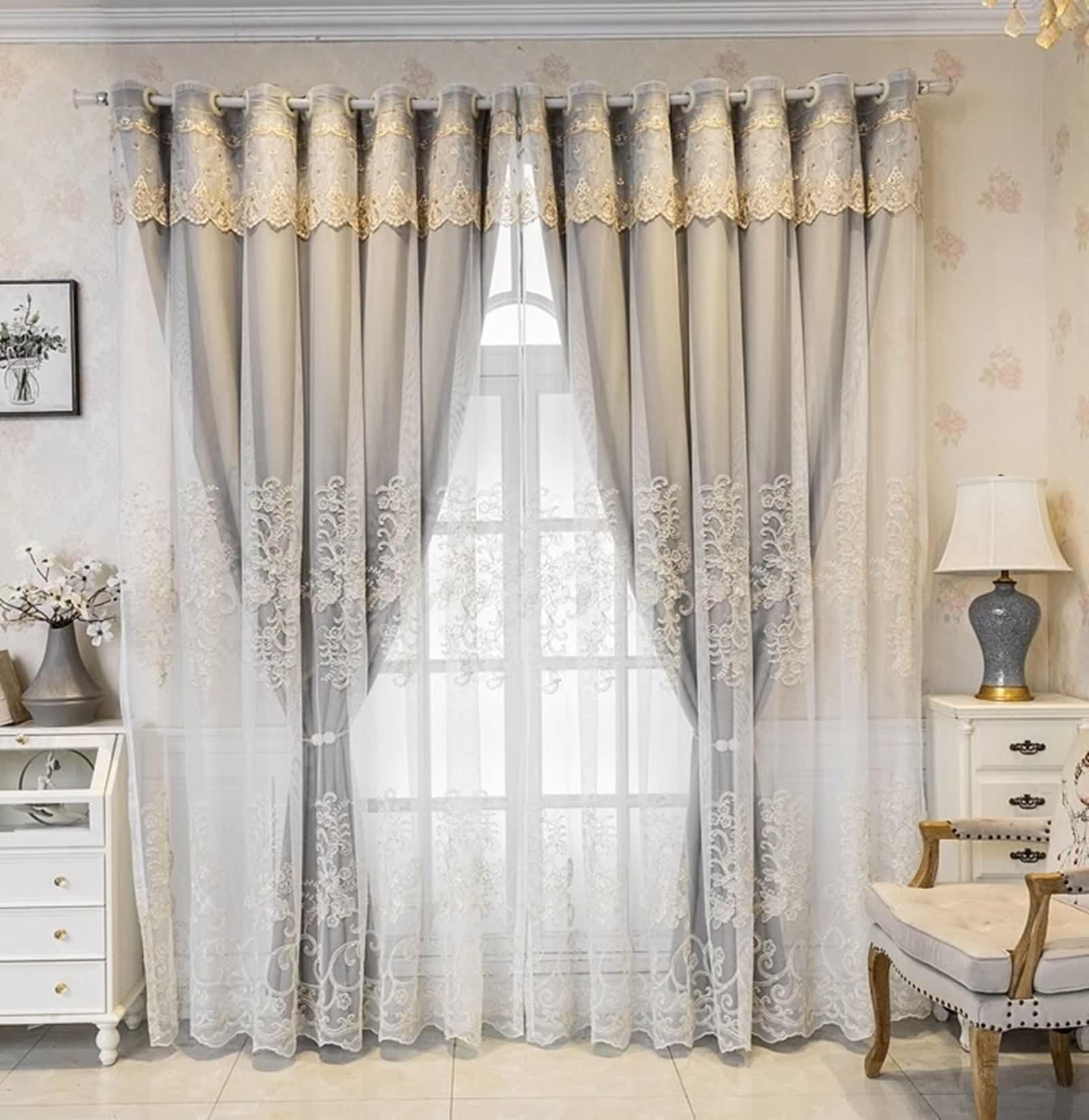 Zasłony 160 cm długość 2 panele, szare czarne rustykalne zasłony wiejskie poliester koronka haft dwuwarstwowy szer. 137 x dł. 160 cm