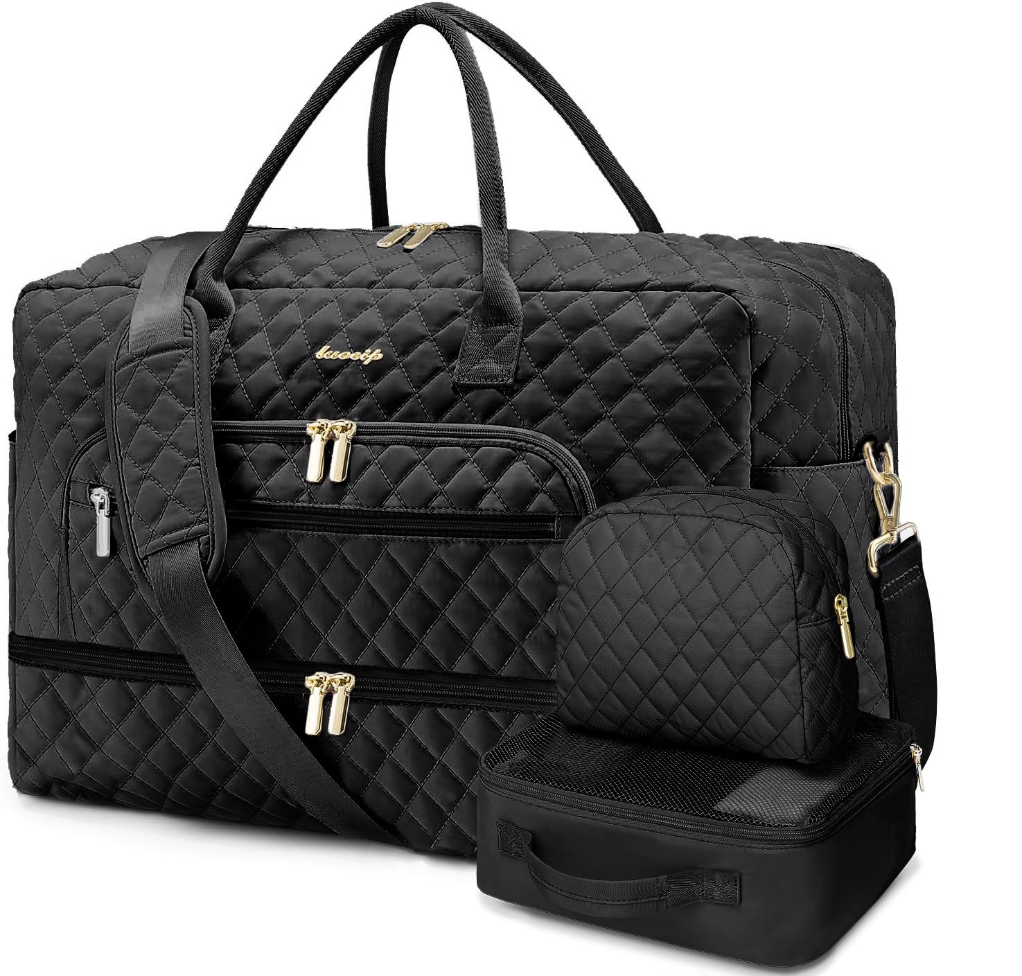 Foto de Bolsa de viaje grande para mujer, bolsa de mano para llevar en la noche, bolsa de viaje de fin de semana con bolsillo húmedo, artículos de tocador para fin de semana, Z-negro-3 piezas, Bolsa de viaje (imagen 1)