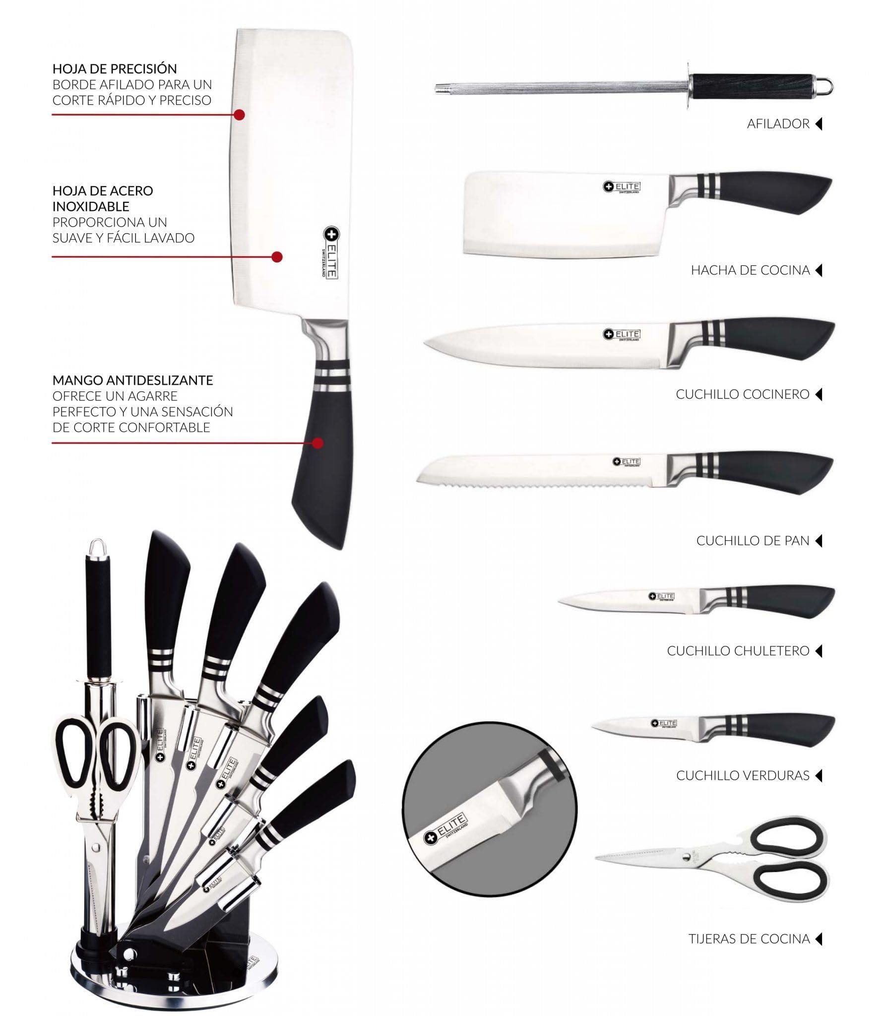 Kimbatex kitchen Set de Cuchillos de Cocina Profesional, 8 Piezas, Acero Inoxidable con Base Giratoria, Incluye Tijeras y Afilador (Modelo Negro Clásico)