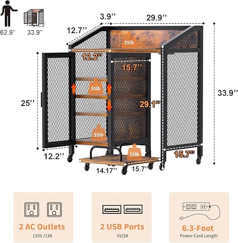 Miniatura 3 de LOWOSA Archivador de ruedas LED con cerradura, archivadores con estación de carga, soporte de impresora con almacenamiento para oficina y hogar,