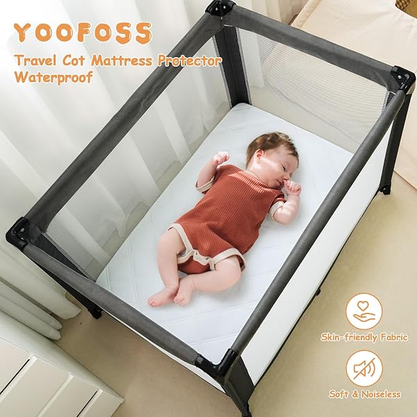 Yoofoss Travel Cot Mattress Protector Waterproof 65 x 95 cm Fitted Breathable & Comfortable Quilted Toddler Mattress Protector White - 2