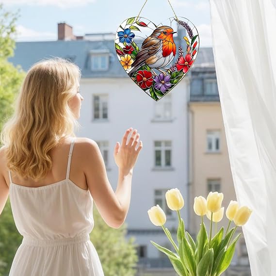 Large Heart-Shaped Robin Suncatcher, Garden Gifts for Women,7.87in x 7.87 Acrylic Window Hanging Ornament for Home and Garden Decoration
