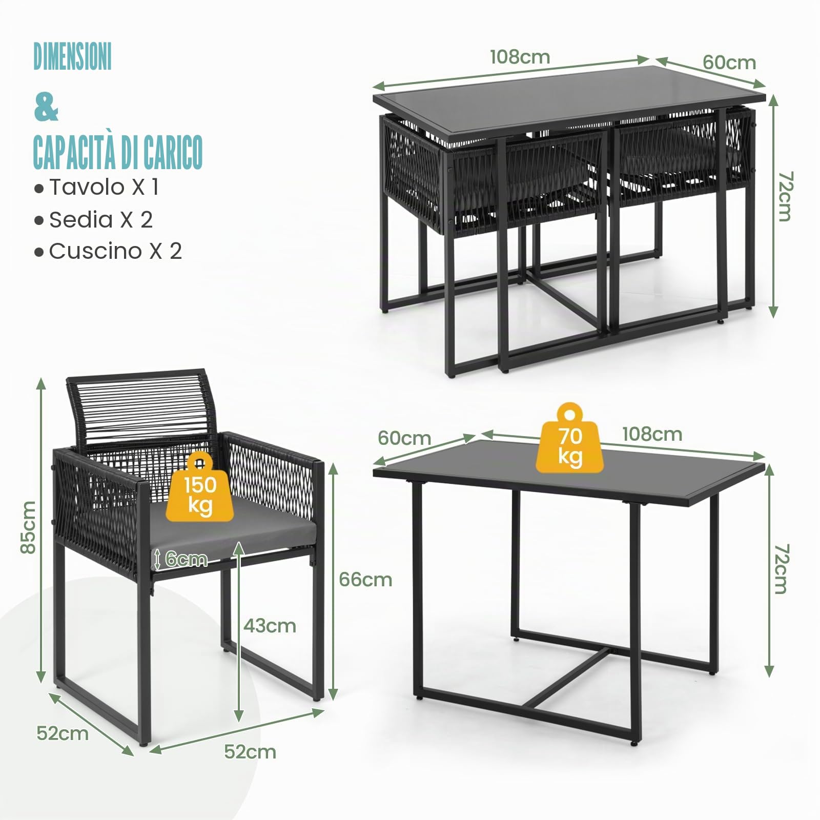 LIFEZEAL Set Giardino da Esterno in Rattan PE, Divanetto con Cuscini Rimovibili e Tavolo in Vetro Temperato, Poltrone da Giardino con Tavolino, Salottino per Balcone e Terrazza, Poltrone per Pranzo