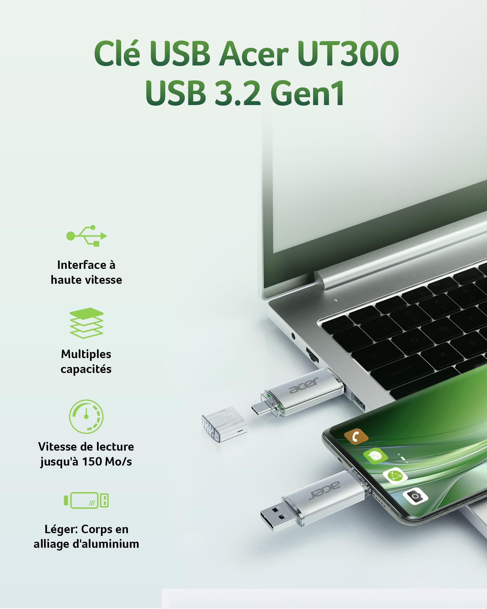 Acer Clé USB UT300 256 Go USB 3.2 Gen1 150 Mo/s Double Port Type-A & Type-C