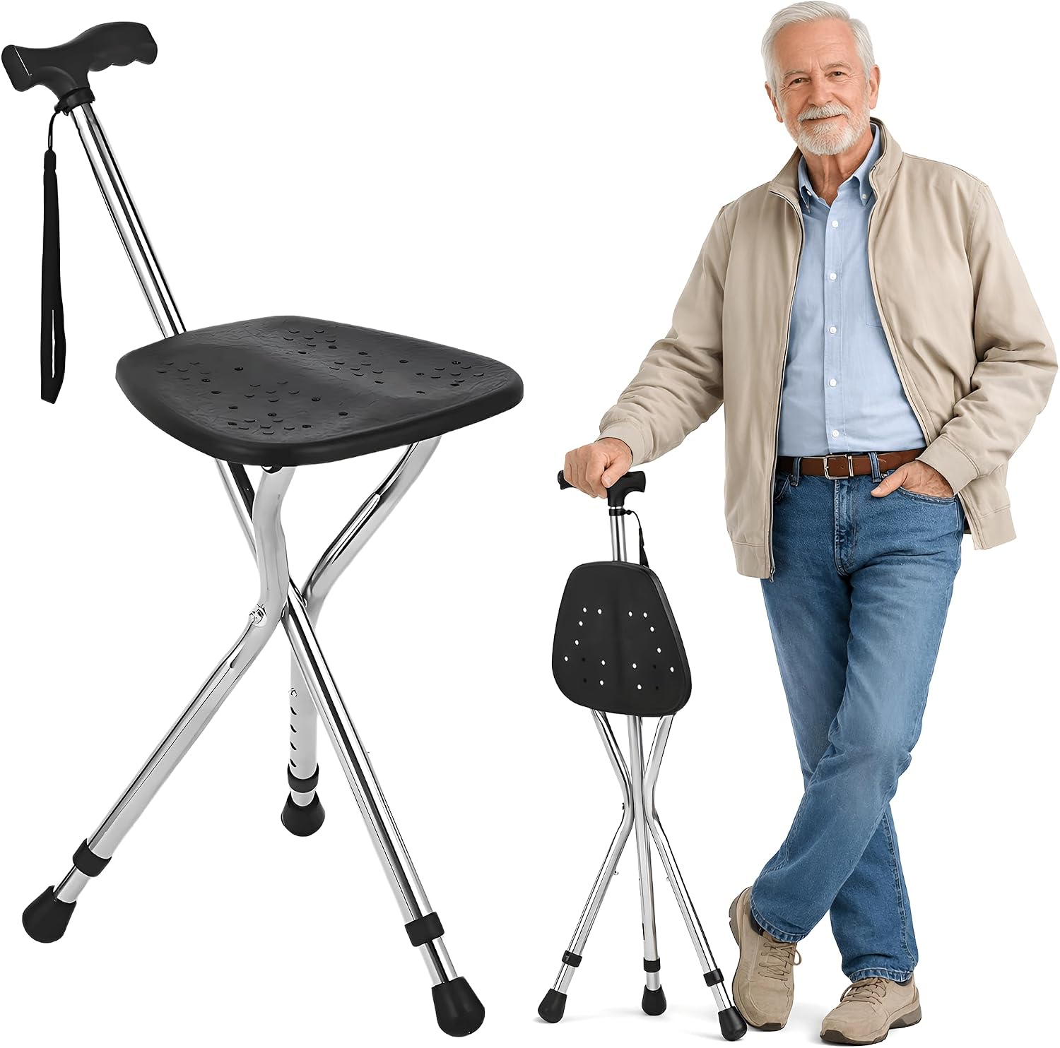 Hold 330 lbs Folding Canes with Seat Walking Stick - Lightweight Adjustable Walkers for Seniors with Seat, LED Light - Portable Sturdy Non Slip Canes for Women and Men - Elderly Folding Outdoor Chairs