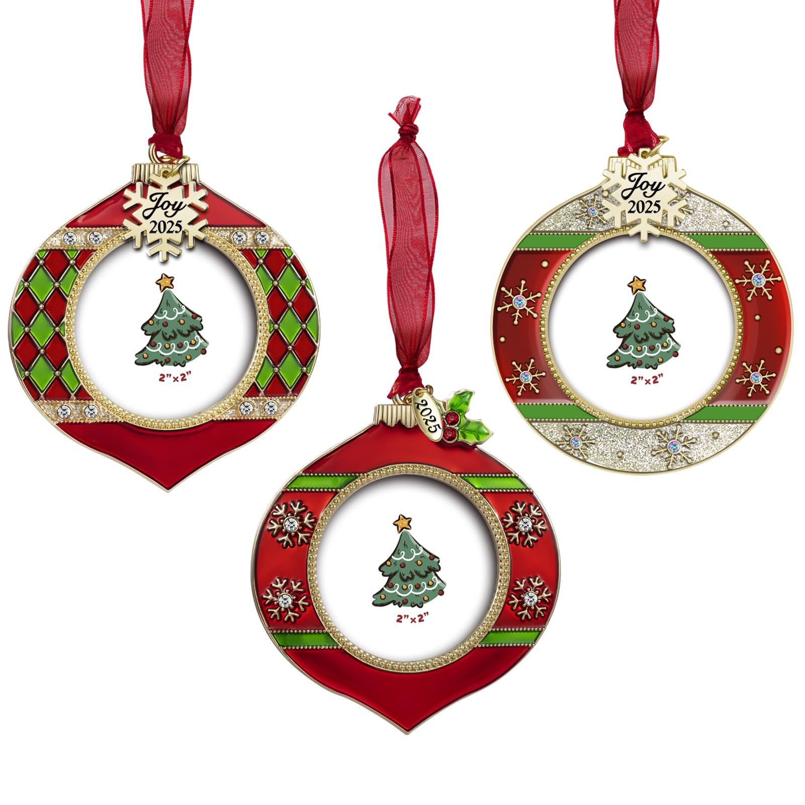 GUOER 3PCS Christmas Tree Ornaments Set Picture Frame Ornament Holiday Keepsake Gift Home Decor Christmas Decorations Xmas Gifts Pendant with 2” Photo Frame Insert (Red & Gloden 2025)