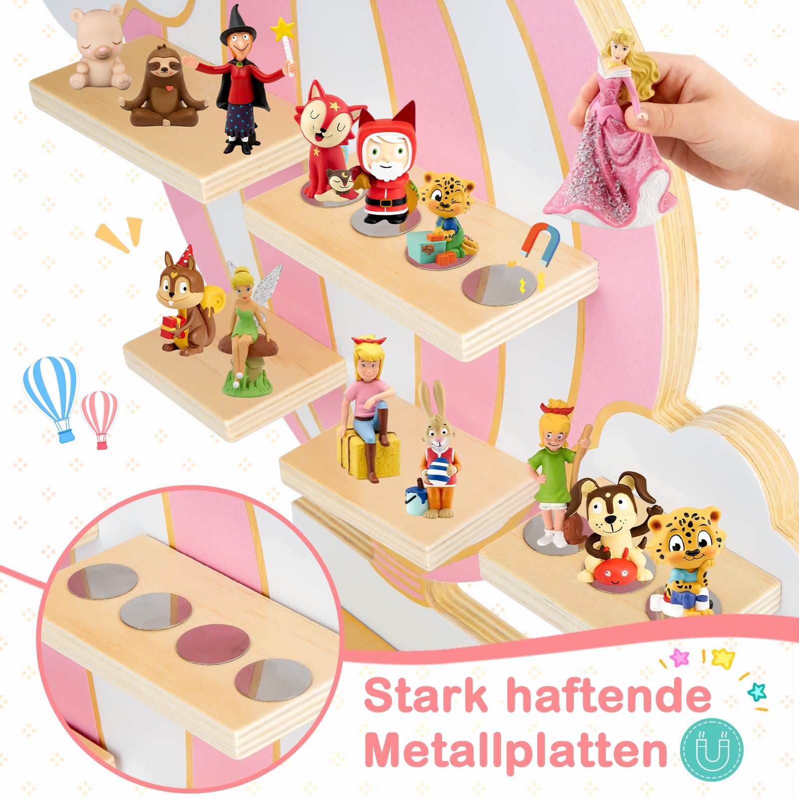 Tonie Regal Heißluftballon & Wolken, Wandregal Standregal für Toniebox & Figuren, Toniebox-Regal für Mädchen Jungen, Perfekte Aufbewahrung im Kinderzimmer, Zubehör für Toniebox 1 & 2 Starterset, Rosa