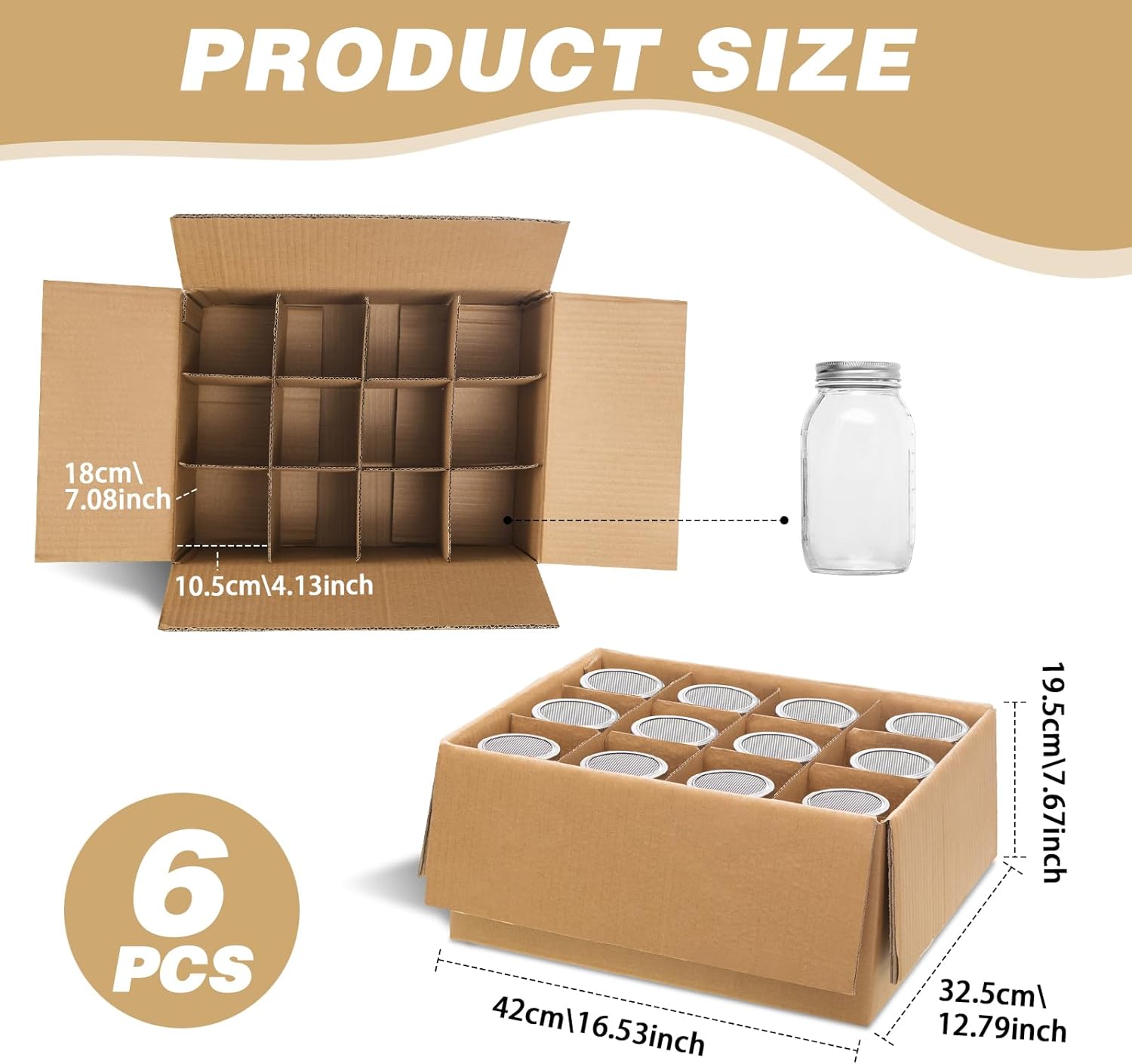Hsei 6 Pcs Cardboard Canning Jar Storage Boxes 12 Cells Mason Jar Storage Boxes with Dividers Mason Organizer Fits 32 oz Regular or Wide Mouth for Stacking Packing Moving