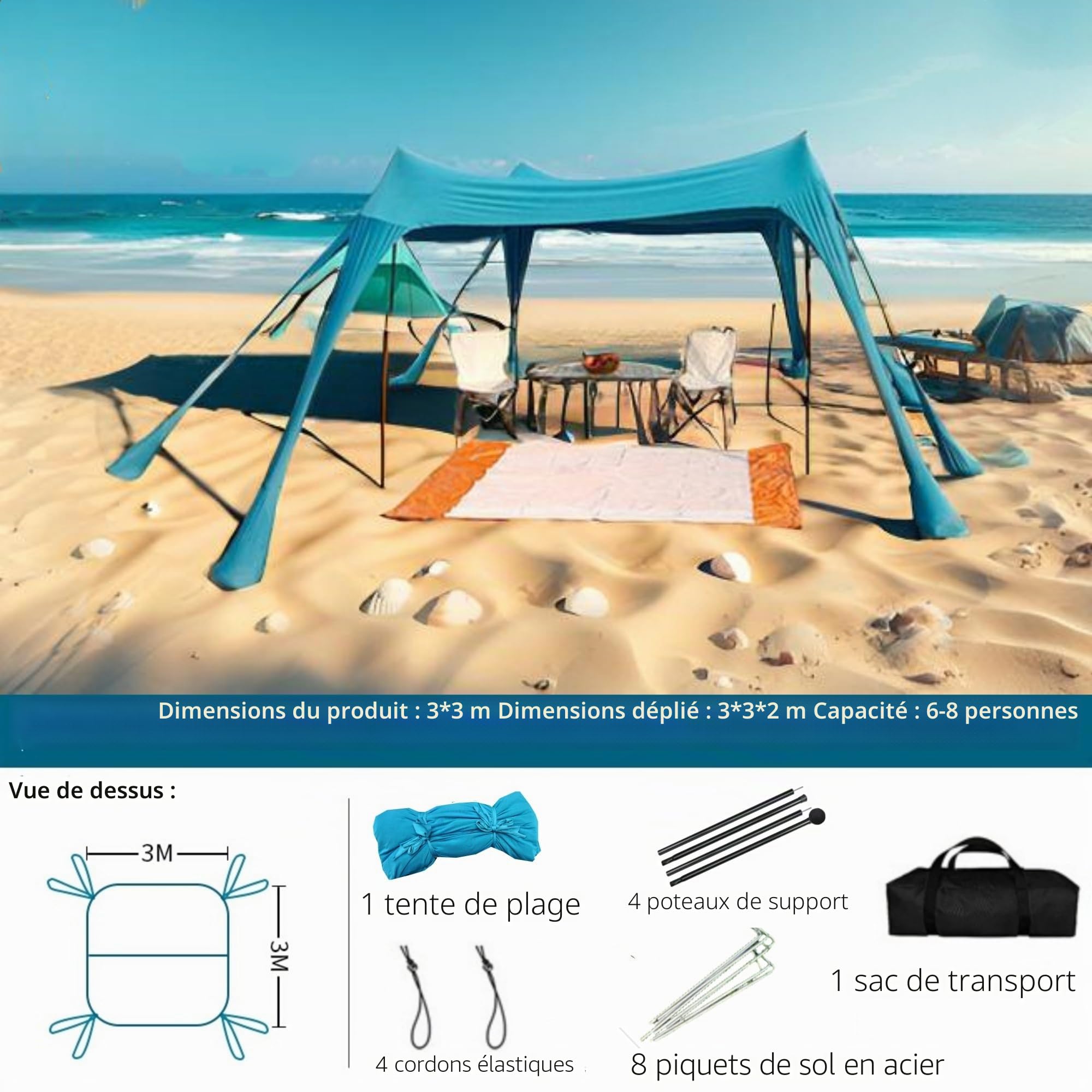Tente de Plage Anti-UV pour 6 à 8 Personnes, Abri de Plage pour la Plage, Le Camping, la pêche et Les Pique-niques (Bleu)