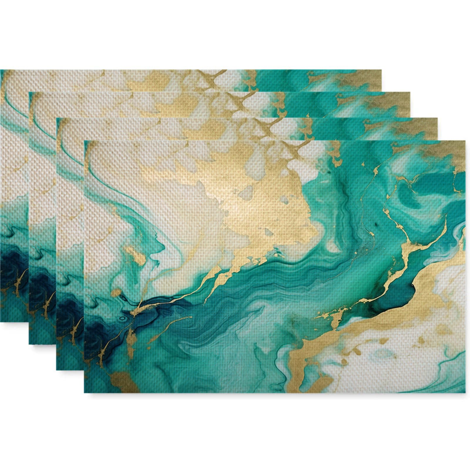 Mantel Individual Plastico Oro Verde Juego de 6 Salvamanteles Individuales PVC,Mantel Individual, Resistentes al Calor Antideslizante,45x30cm para Cocina, Manteles Antimanchas