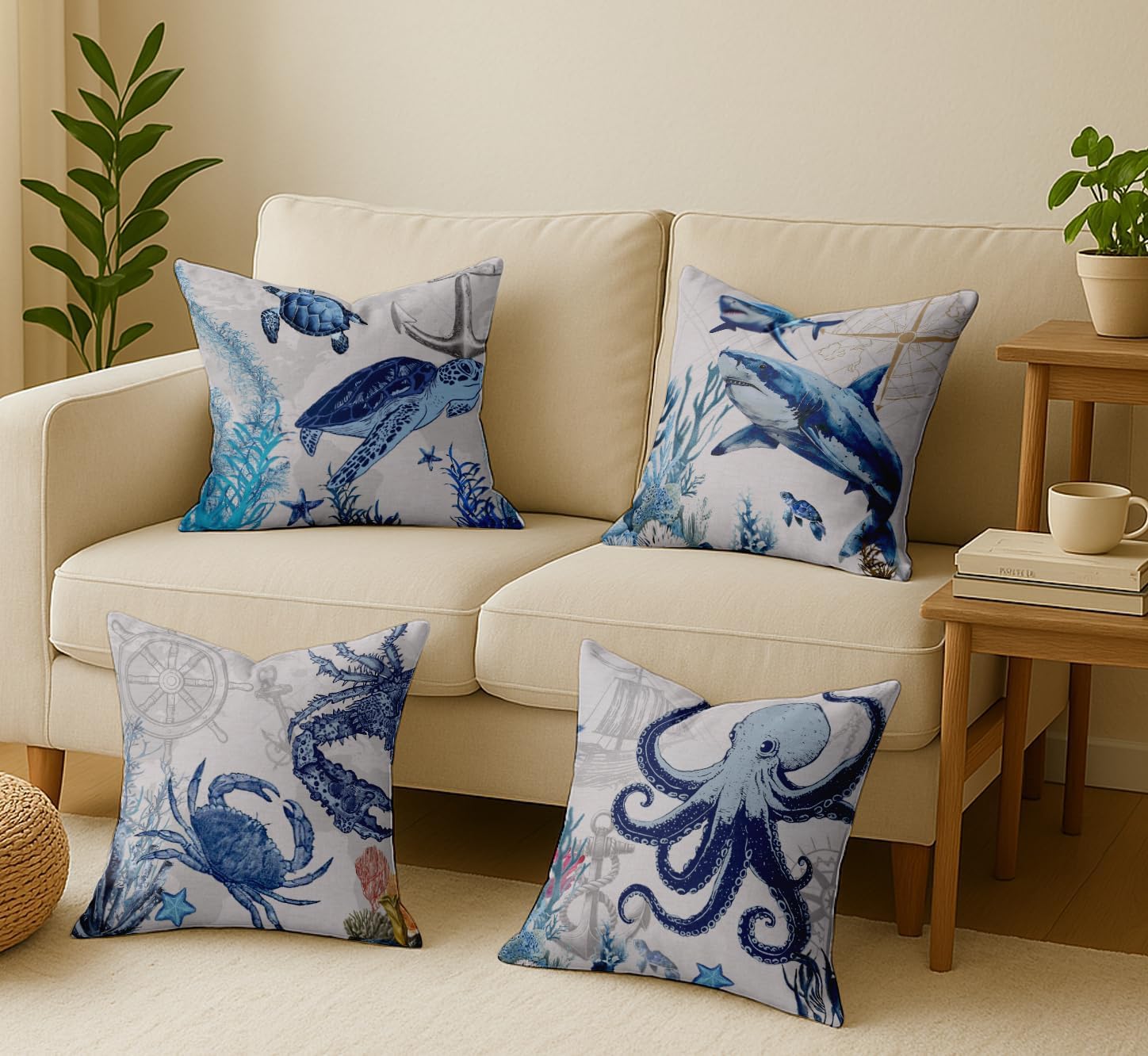 White Cotton Cushion Covers Set of 4, 16x16 Inch, Dual-Sided Print, Hidden Zipper Closure - Ocean Print