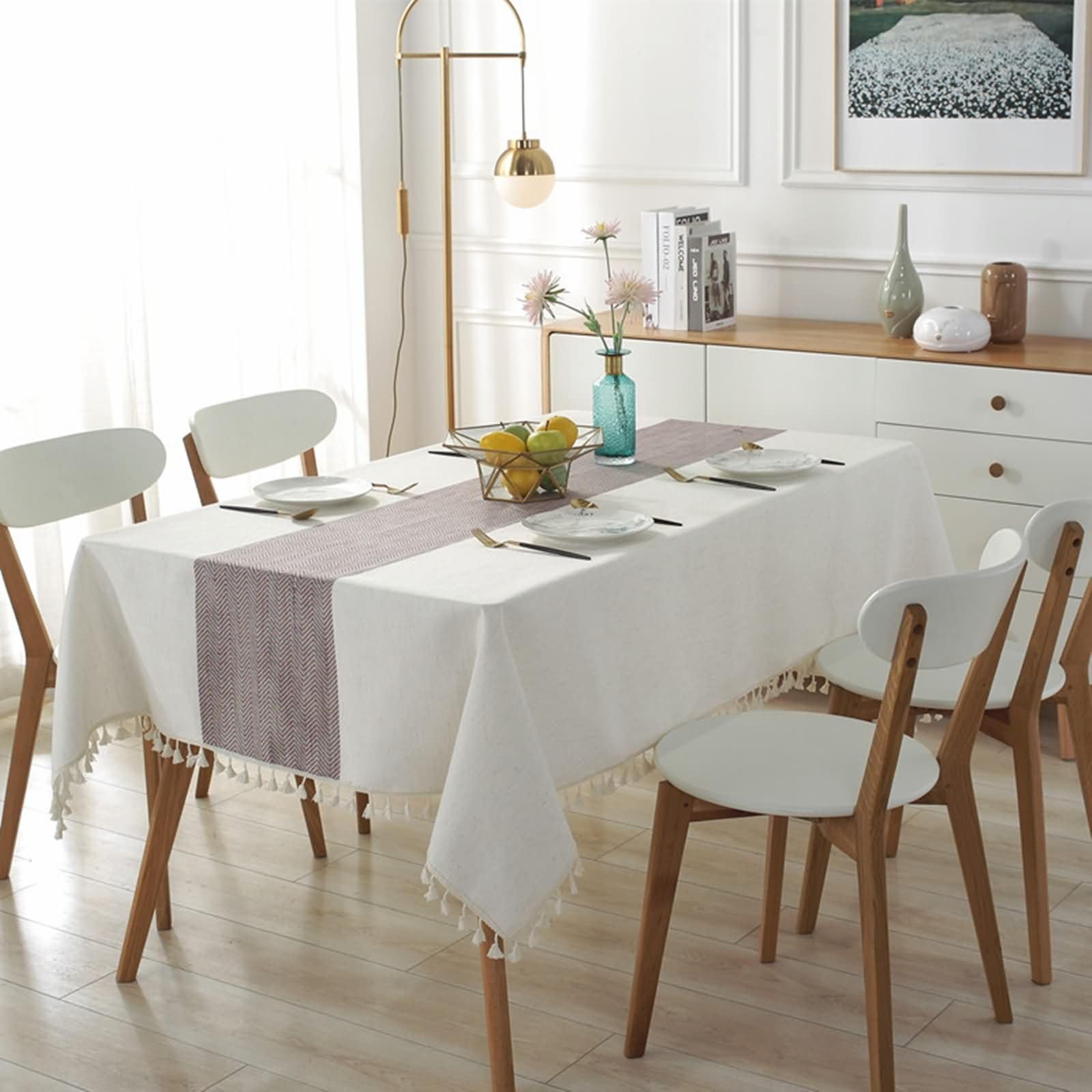 Mantel Rectangular Púrpura Claro Antimanchas, Empalme de Rayas Onduladas con Borlas, de Poliéster y Lino Elegante, 140 x 180 cm, Mantel para Hogar y Cocina