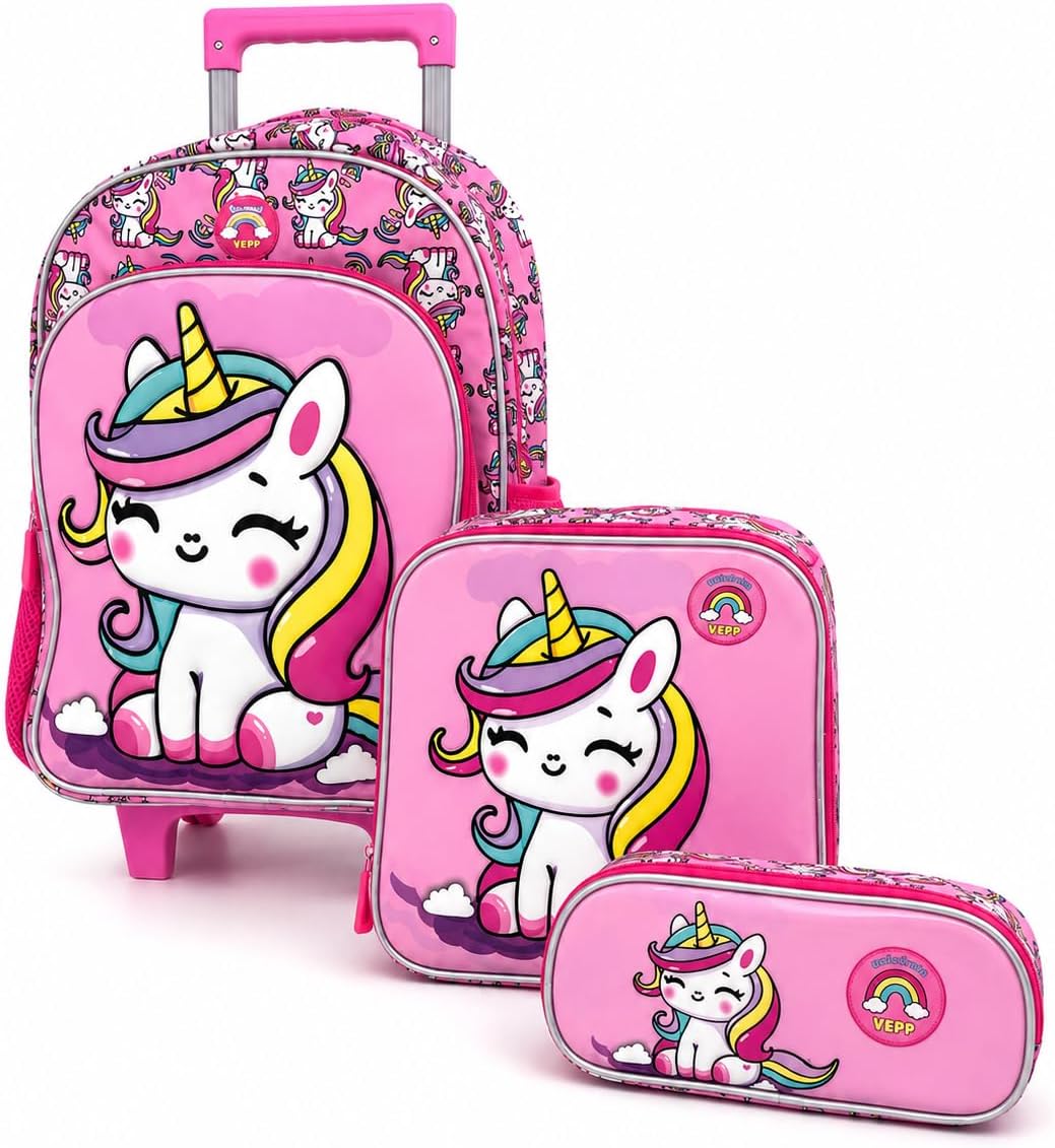 Kit Mochila de Rodinhas Escolar Unicórnio Com Estojo E Lancheira – Yepp Volta as Aulas