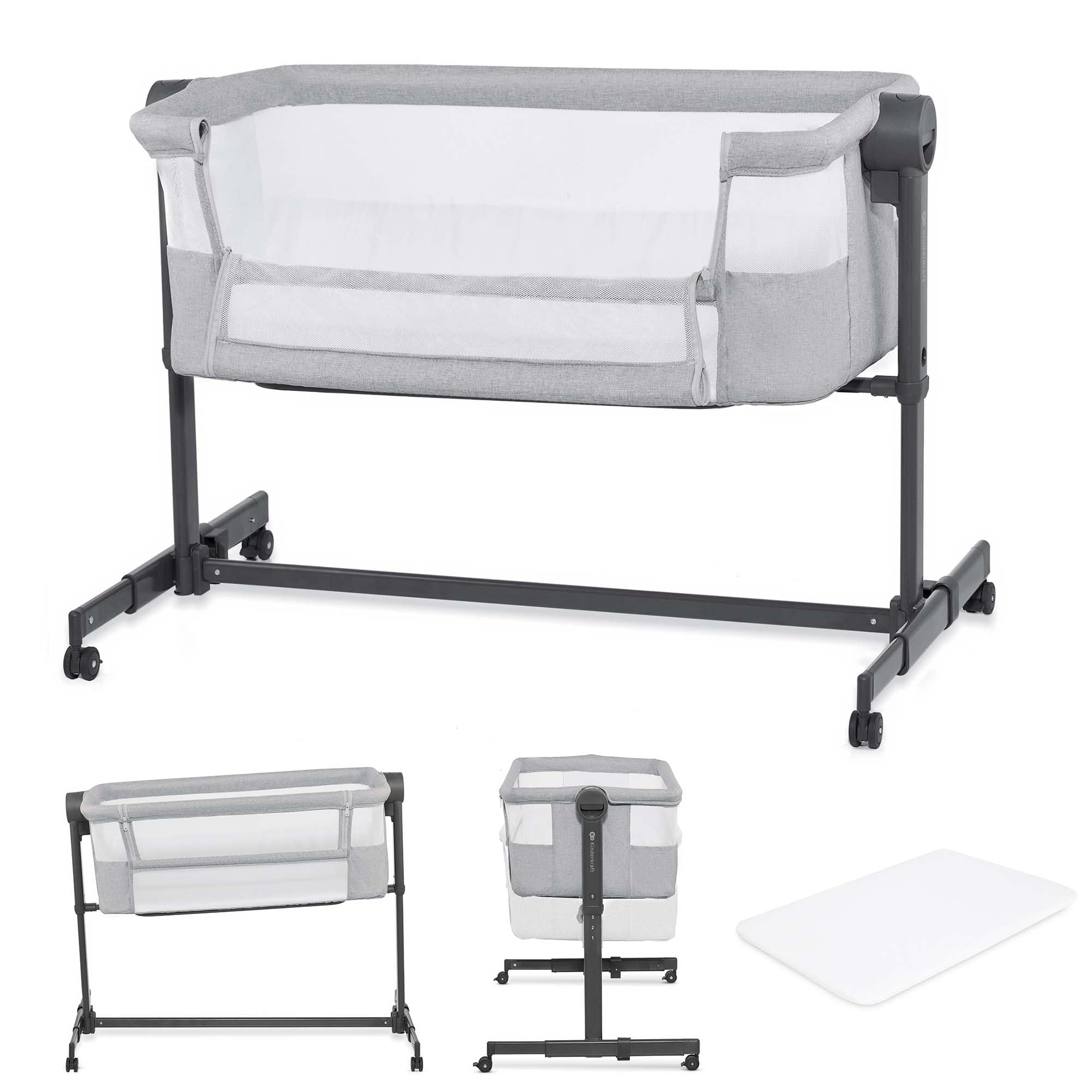 Kinderkraft NESTEE UP 2 Lit bébé cododo, Lit Bebe avec Matelas de la Naissance, Réglage de la Hauteur, Facile Adapter au lit du Parent, Pieds réglables, Gris Clair
