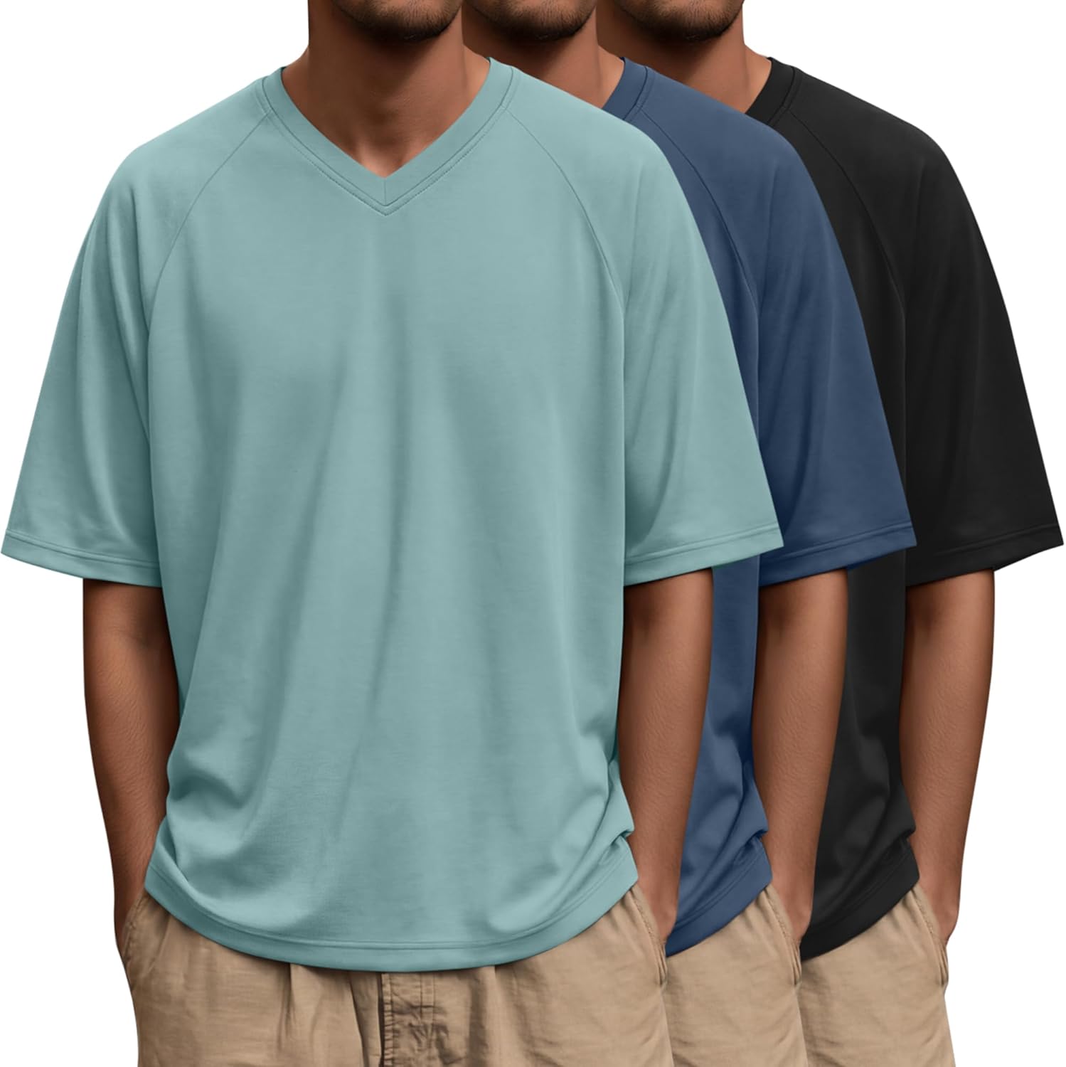 3 Pack Men's Oversized T Shirts V Neck Raglan Short Sleeve Tops Athletic Casual Loose Fit Summer Basic Tees