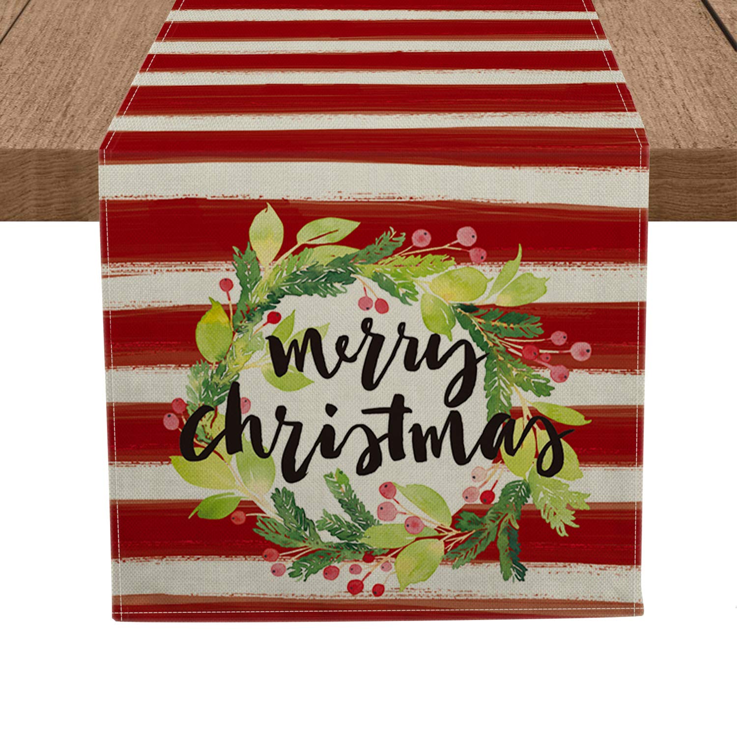 Artoid Mode Red Stripes Flower Wreath Merry Christmas Table Runner, Seasonal Winter Xmas Holiday Tablecloth Kitchen Dining...
