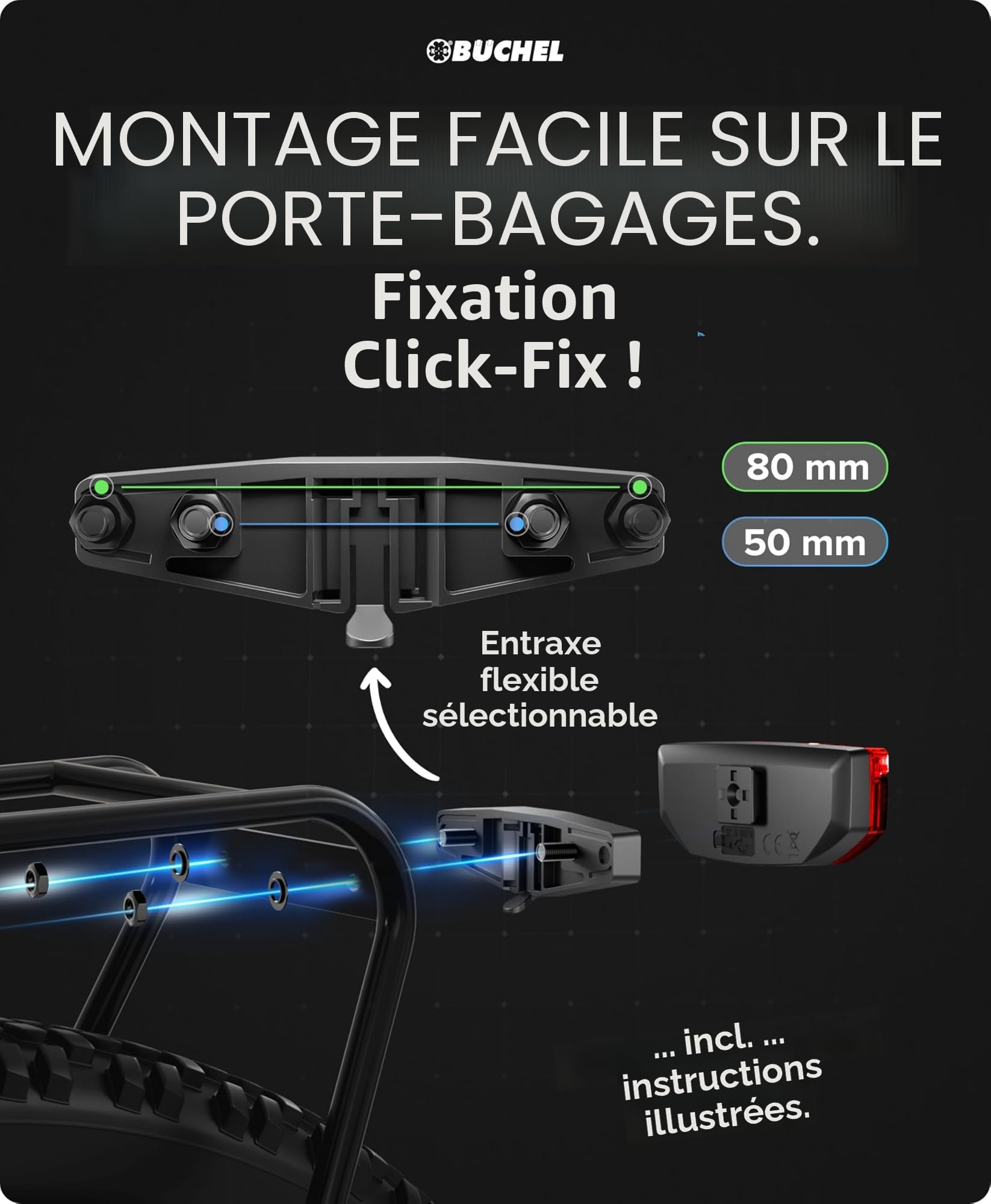 Büchel Feu arrière LED pour porte-bagages – USB-C rechargeable, approuvé StVZO, étanche IPX5, noir