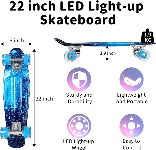 BELEEV Skateboard Complet Mini Cruiser pour Enfants 56cm, Adolescents, Adultes, Roues Lumineuses LED avec Clé de Type T, Tout-en-Un pour Filles Garçons Débutants - 5
