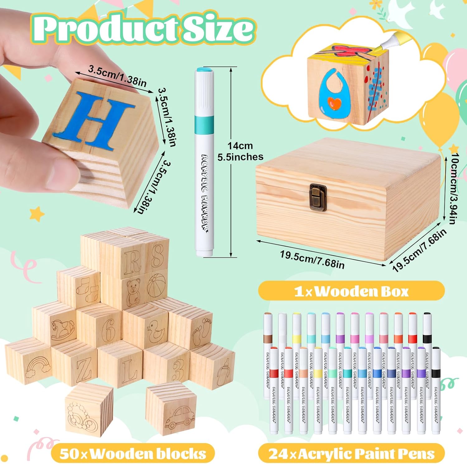 Baby Shower Blocks Game Set with Wooden Box, Acrylic Markers & Wooden Sign for Baby Shower Games, Gender Reveal & Decorations (GreenLeaves)