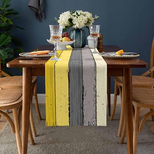 Miniatura 50 de Camino de mesa de algodón y lino estilo granja rústico retro, textura de madera de granero, color degradado marrón y gris, antideslizante,