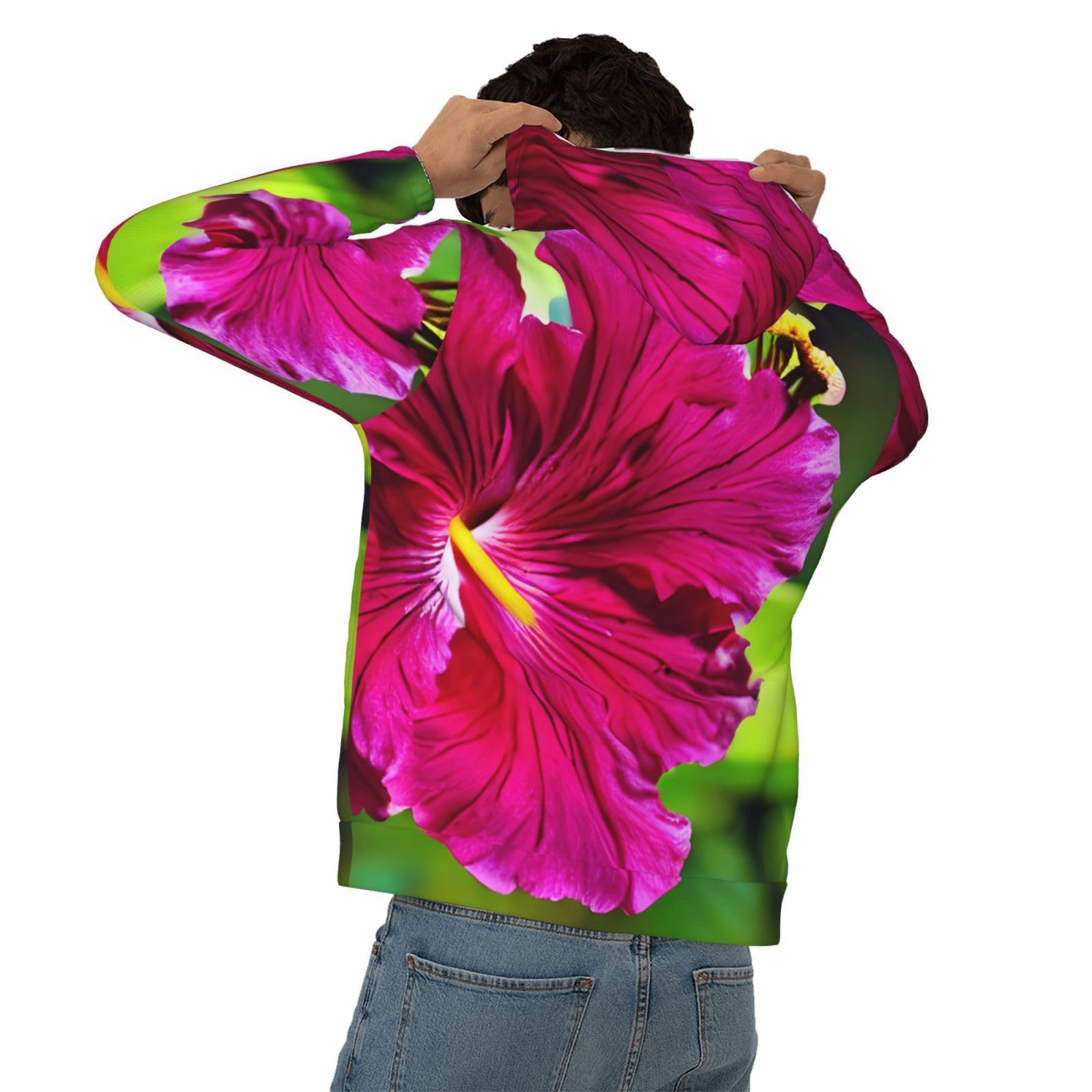Męska bluza z kapturem z nadrukiem kwiatowym hibiskusa, casualowa grafika z nadrukiem bluzy z kapturem z kieszenią